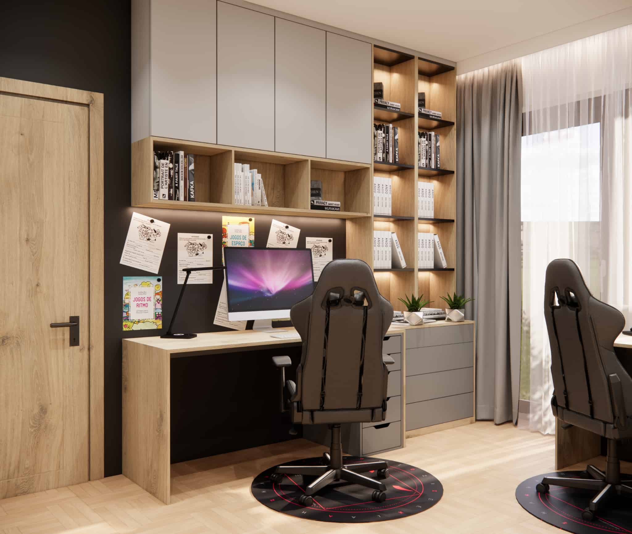 Modern desk unit with computer, shelves, and LED lighting in a shared boys’ bedroom