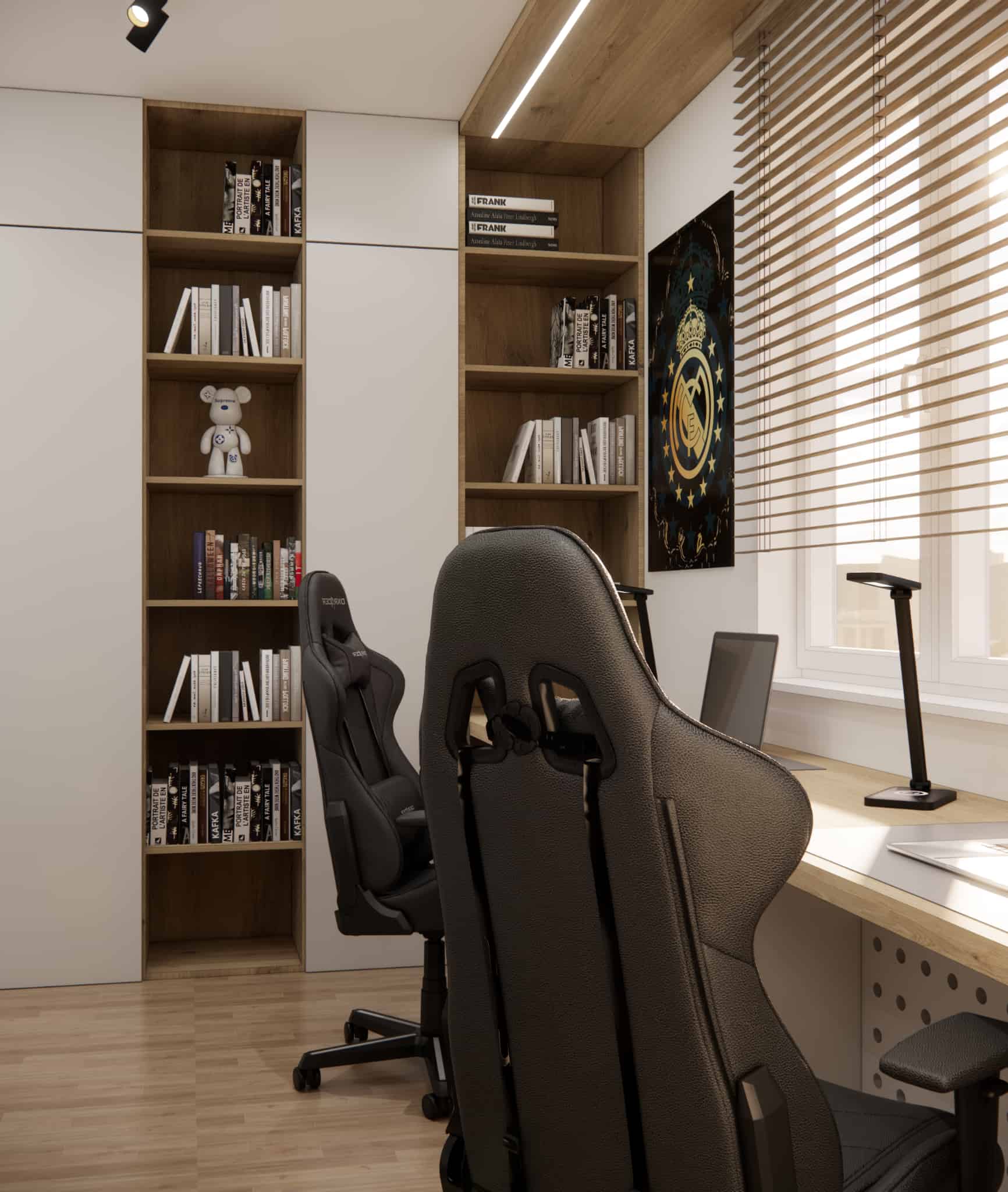 Shelving units and full-height wardrobes in a shared bedroom for two boys with comfortable gaming chairs at the desk