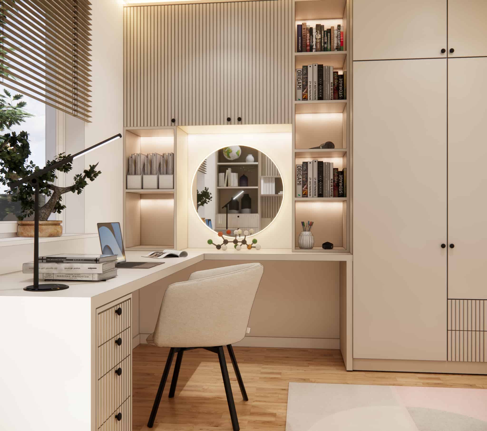 View of the desk and wall cabinetry in a bright girl's room with LED lighting.