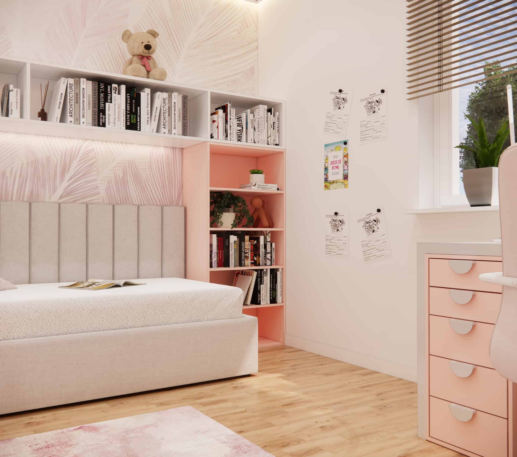 Pastel pink bookshelf, bed, and wall decorations in an 8-year-old girl’s bedroom.