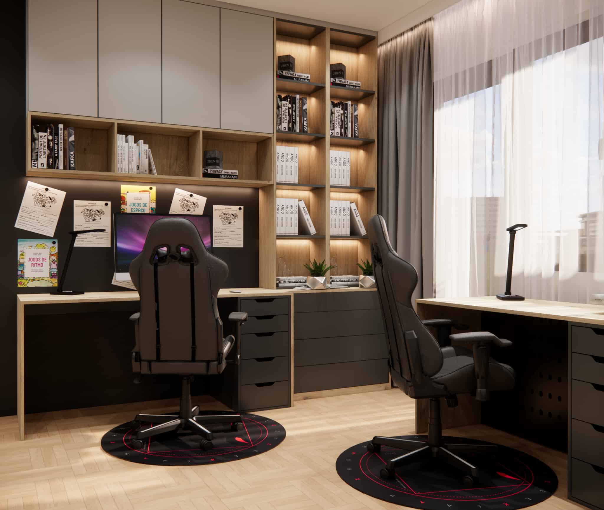 Two study stations with shelving, lighting, and gaming chairs in a shared boys’ bedroom
