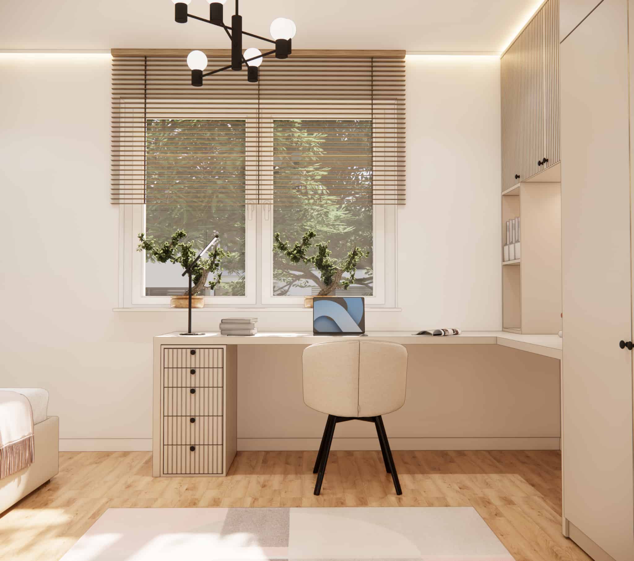 Bright room for a 10-year-old girl with a beige bed, shelving unit, and a large desk by the window.