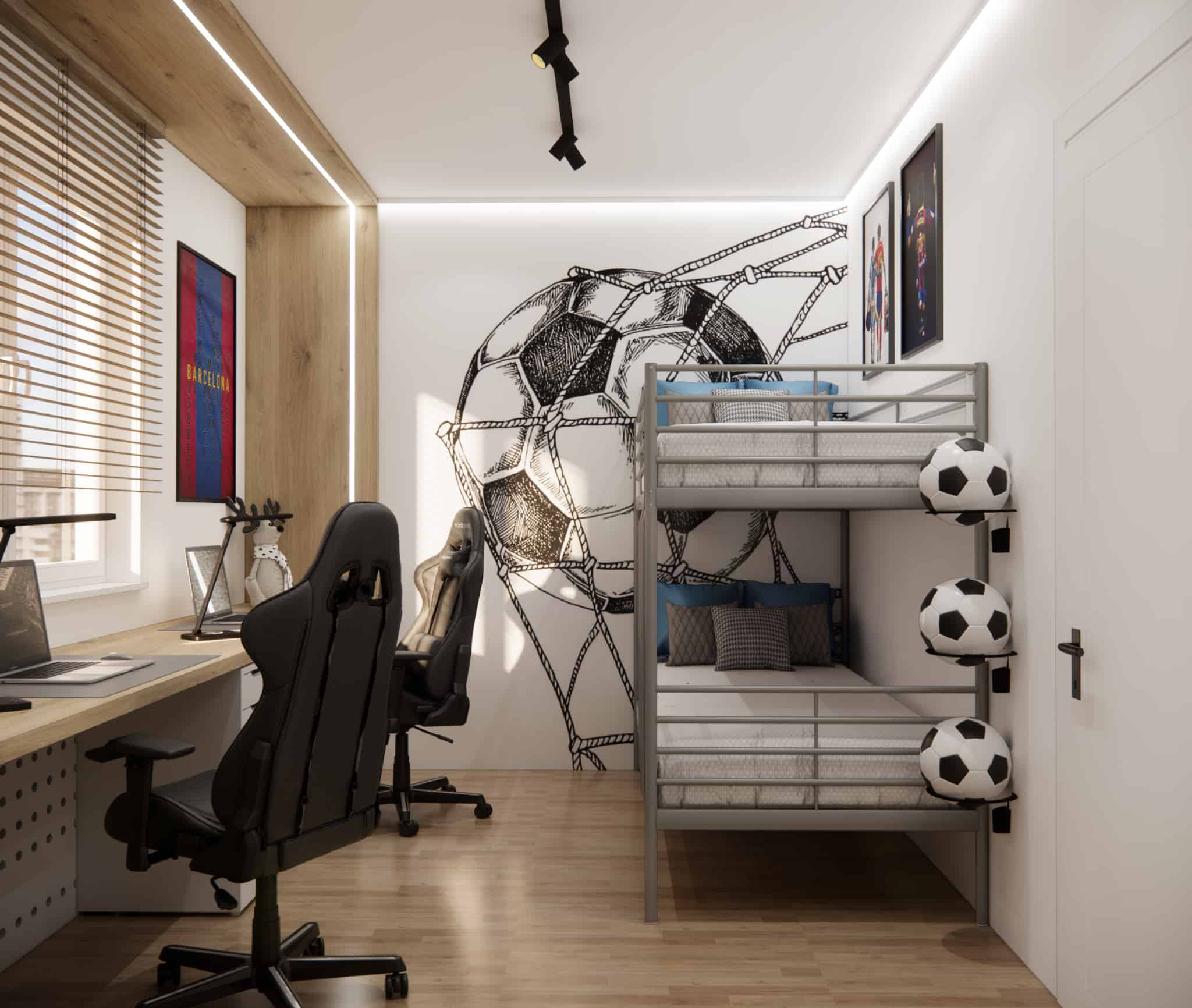 Bedroom for two boys aged 11 and 12 with a bunk bed, double desk, and football-themed mural on the wall