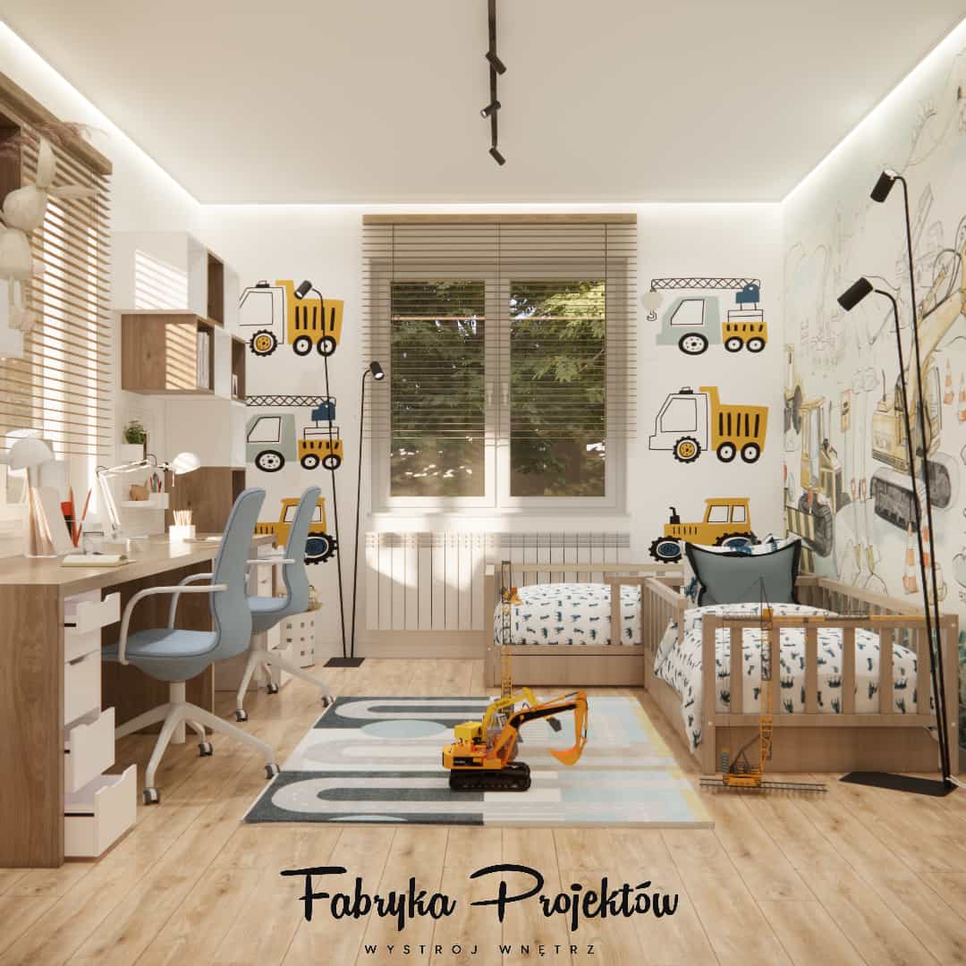 Room for two boys aged 4 and 6 with two beds, a large desk, and construction-themed decorations.