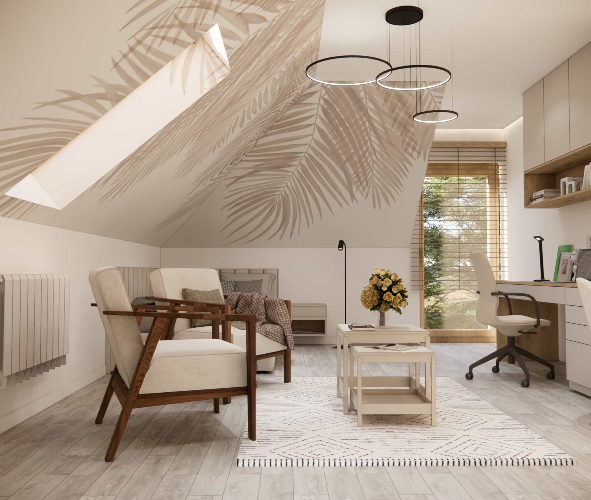 View of the relaxation area and desk in a bedroom for a 12-year-old girl with sloped ceilings