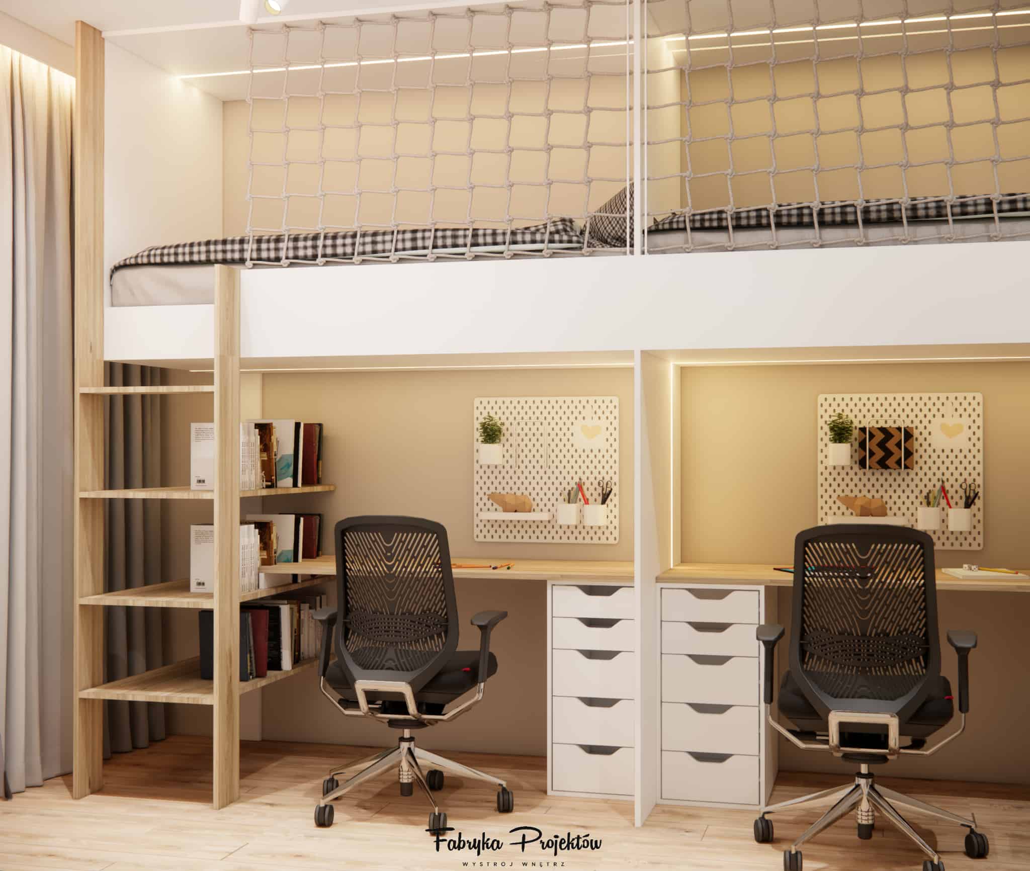 Ladder leading to a loft with open shelves and space for books in a 10 m2 girls’ room