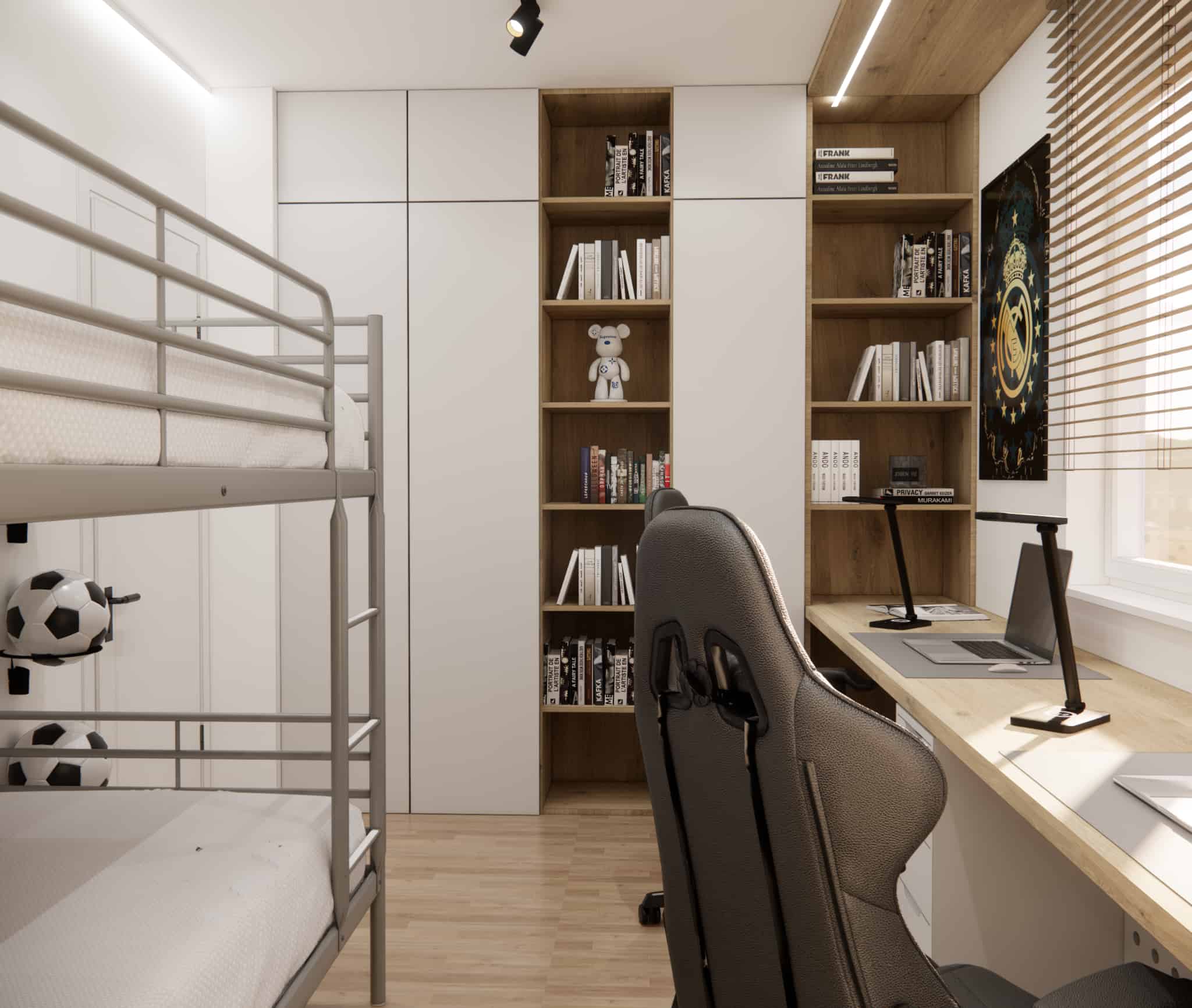 Built-in storage with shelves and tall wardrobes in a shared boys’ bedroom, offering space for books and collections