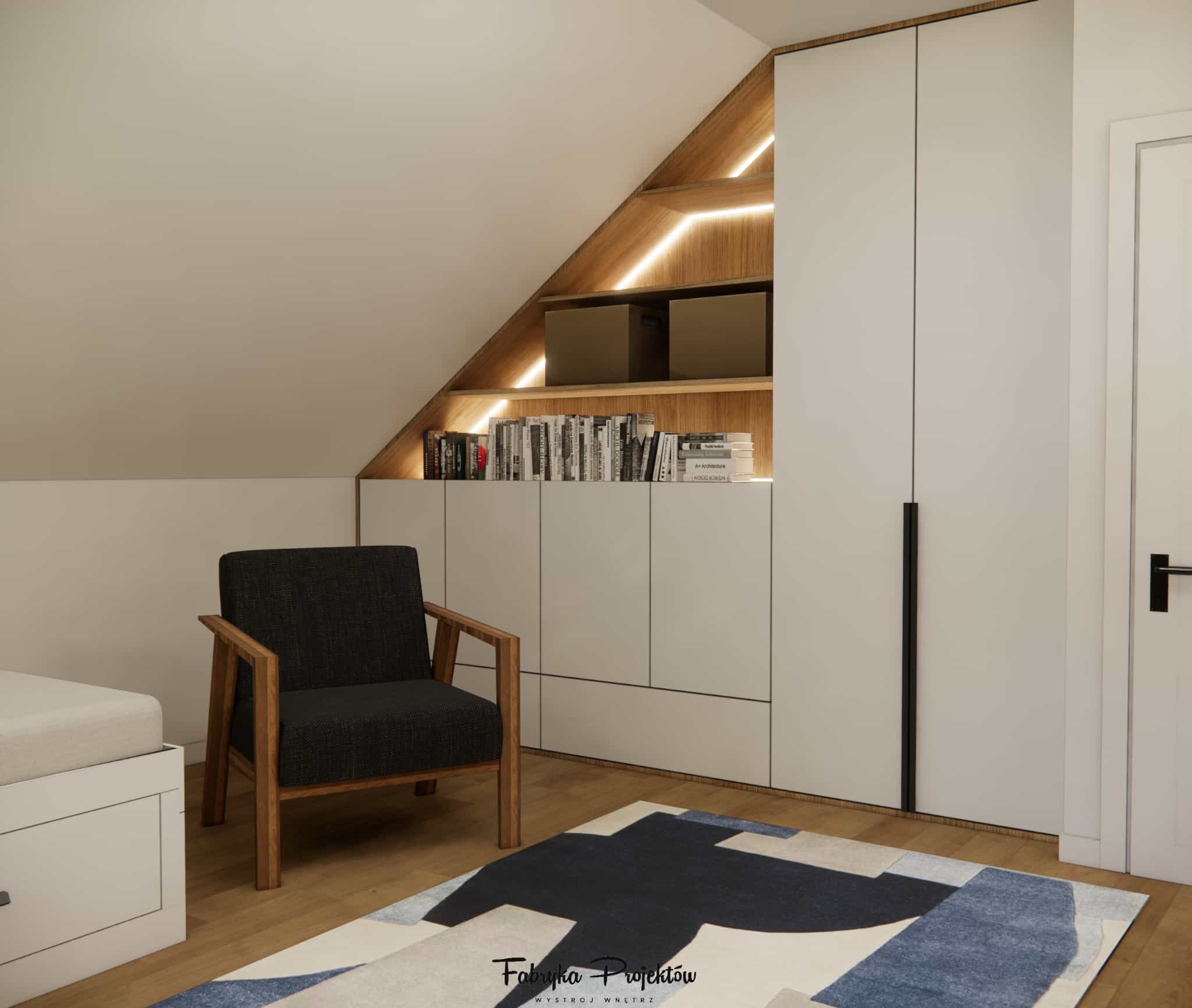 Custom-built storage under a sloped ceiling with illuminated shelves and an armchair in an 11-year-old boy’s room