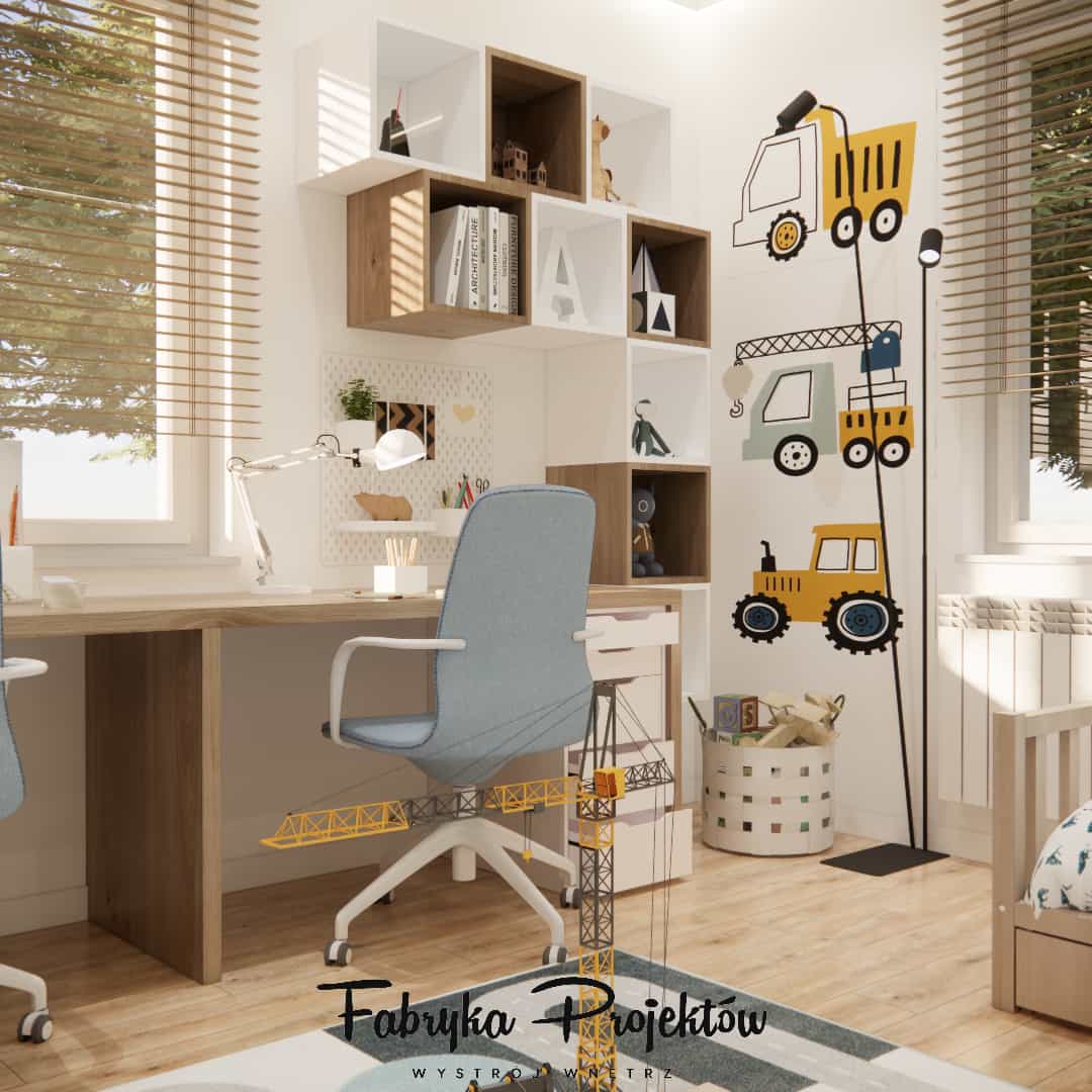 Desk with shelves and decorations, toy cars and toys in a shared boys’ room.