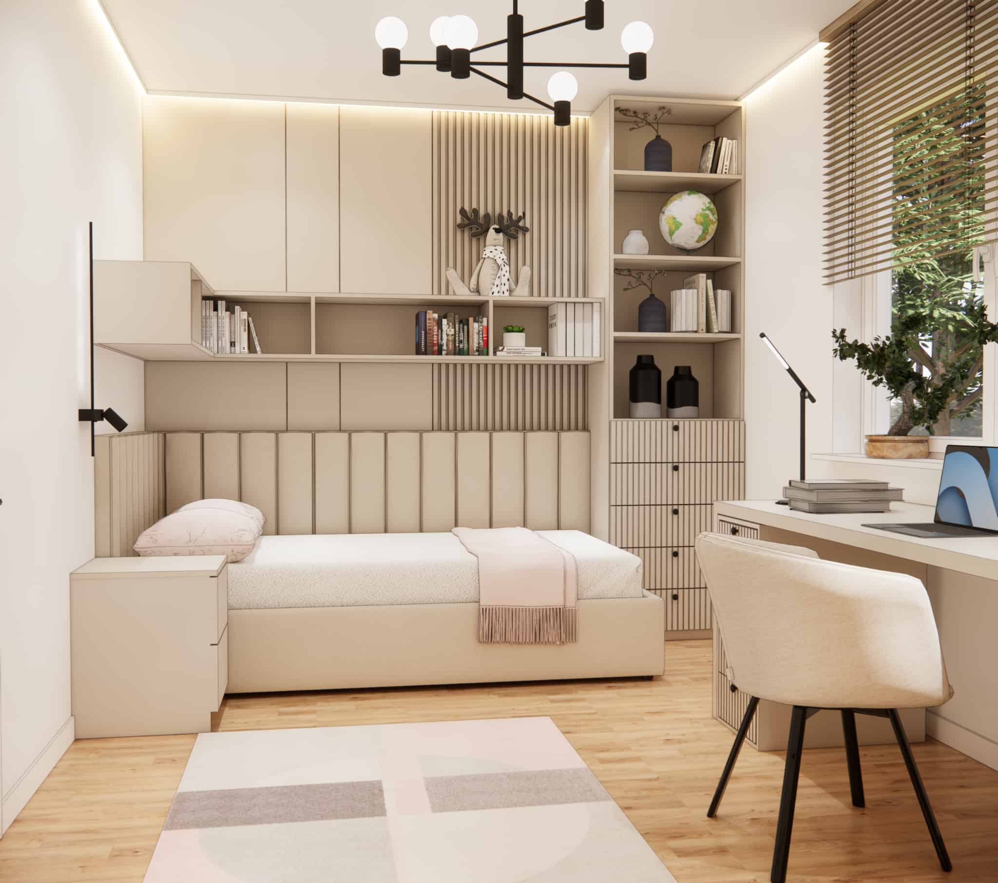 Bed area in a girl's room with wall panels, shelves, and pastel accessories.