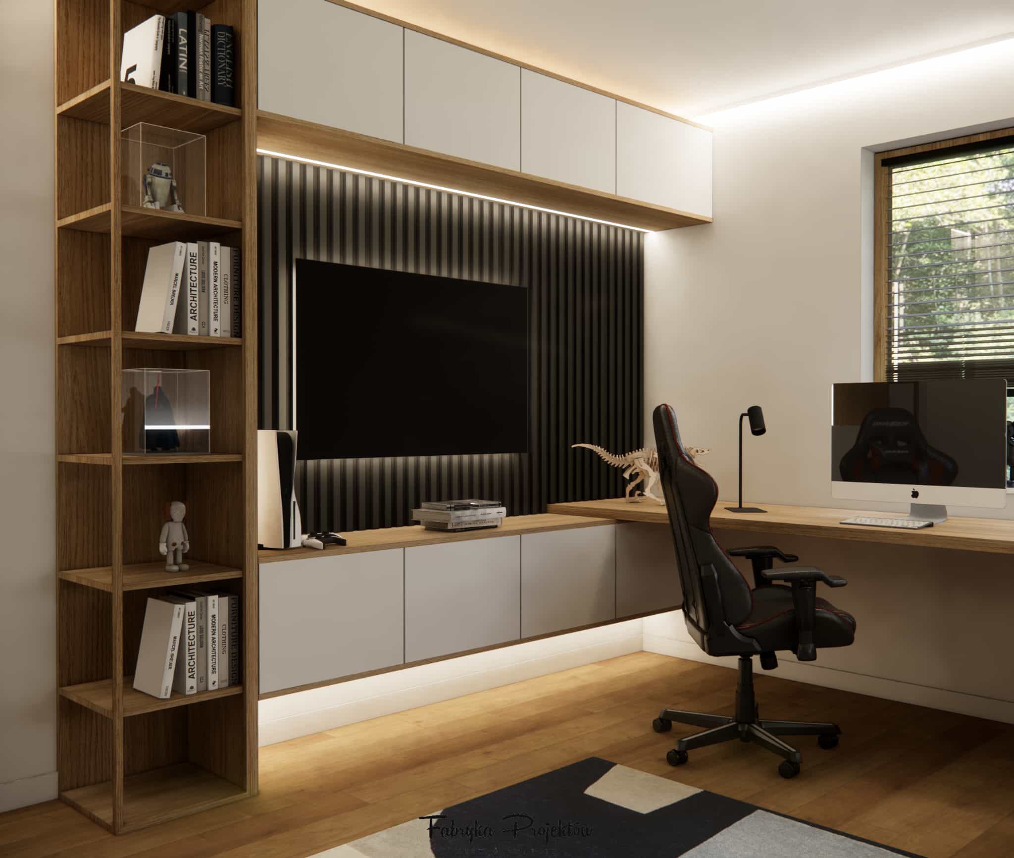 Study area in an 11-year-old boy’s room with a large desk, TV, black slatted wall, and gaming chair