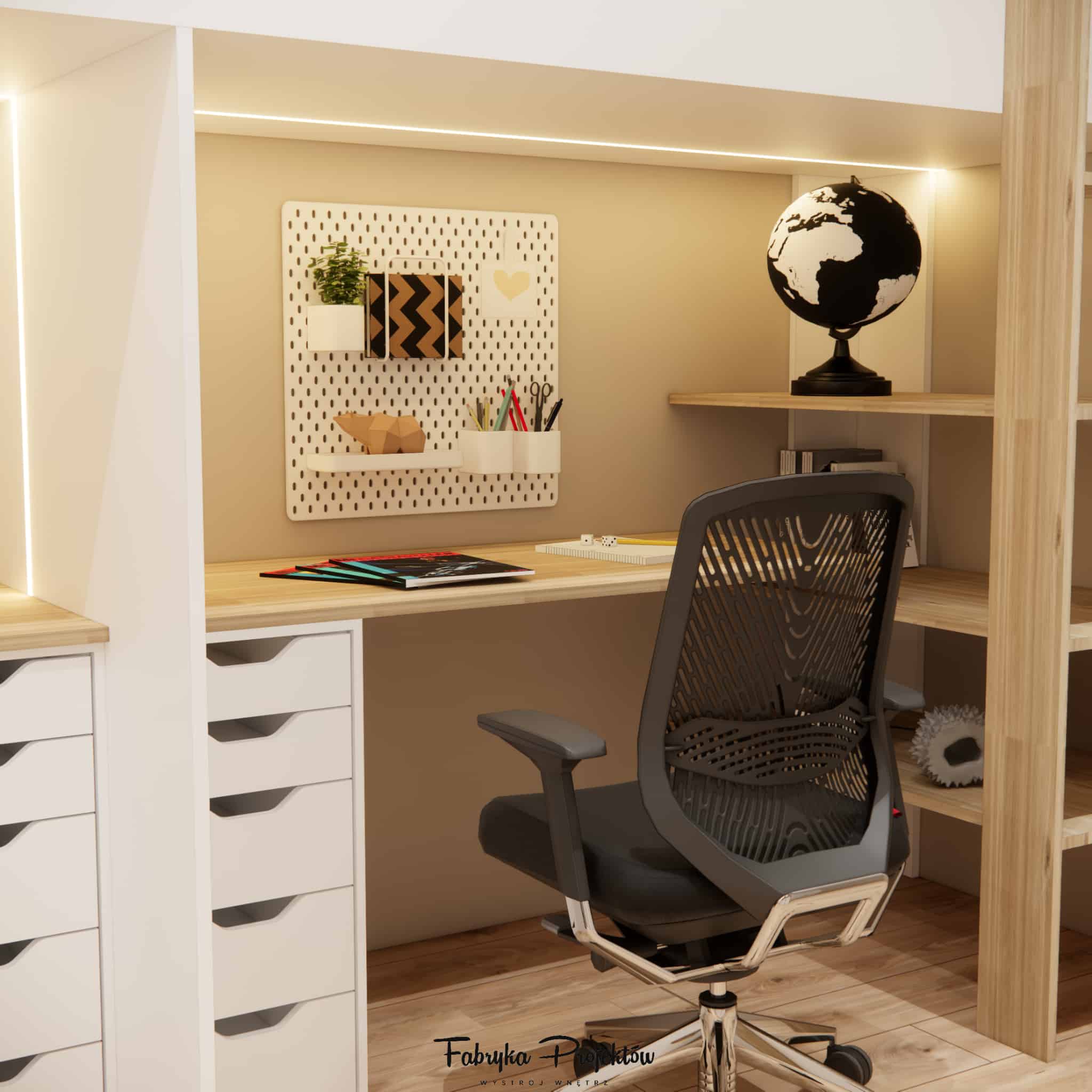 Study area in a 10 m2 sibling room with a pegboard, LED lighting, and a modern chair