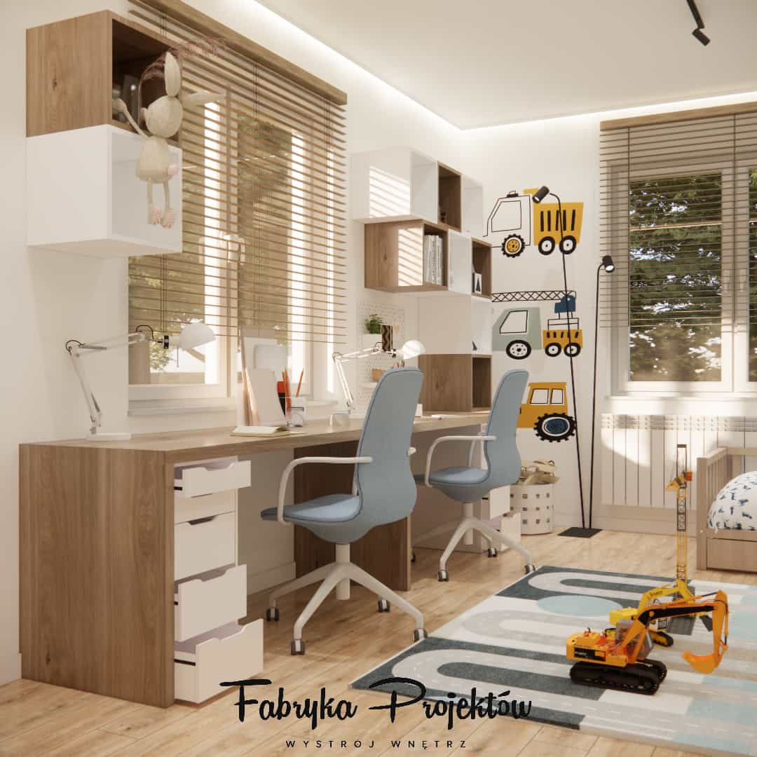 Double desk with two chairs in a siblings’ room, with shelves and study lighting.
