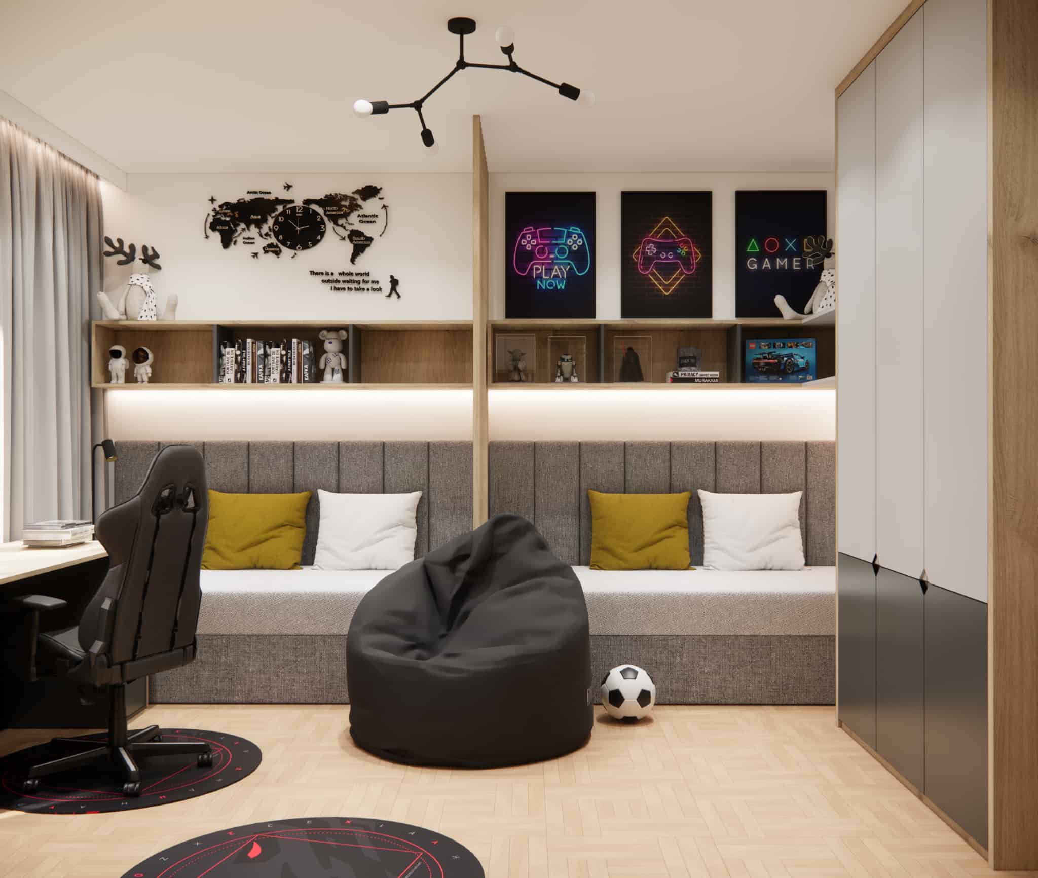 Sleeping area with two beds, wooden slats, and gaming-themed shelves in a boys’ bedroom