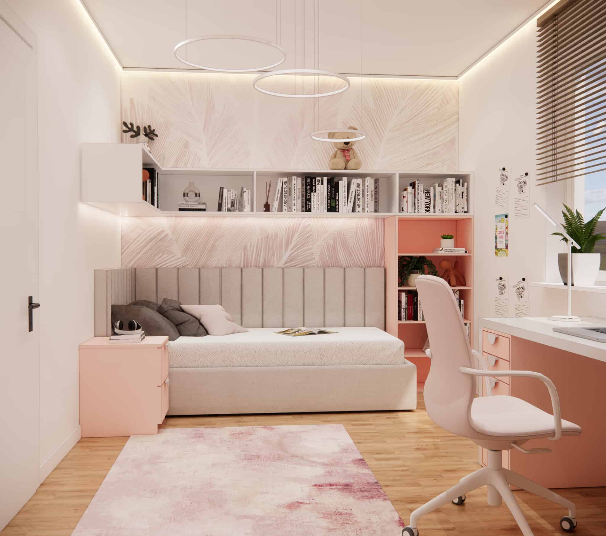 Upholstered bed, shelves above the headboard, and pastel wallpaper – sleeping area in an 8-year-old girl’s bedroom.