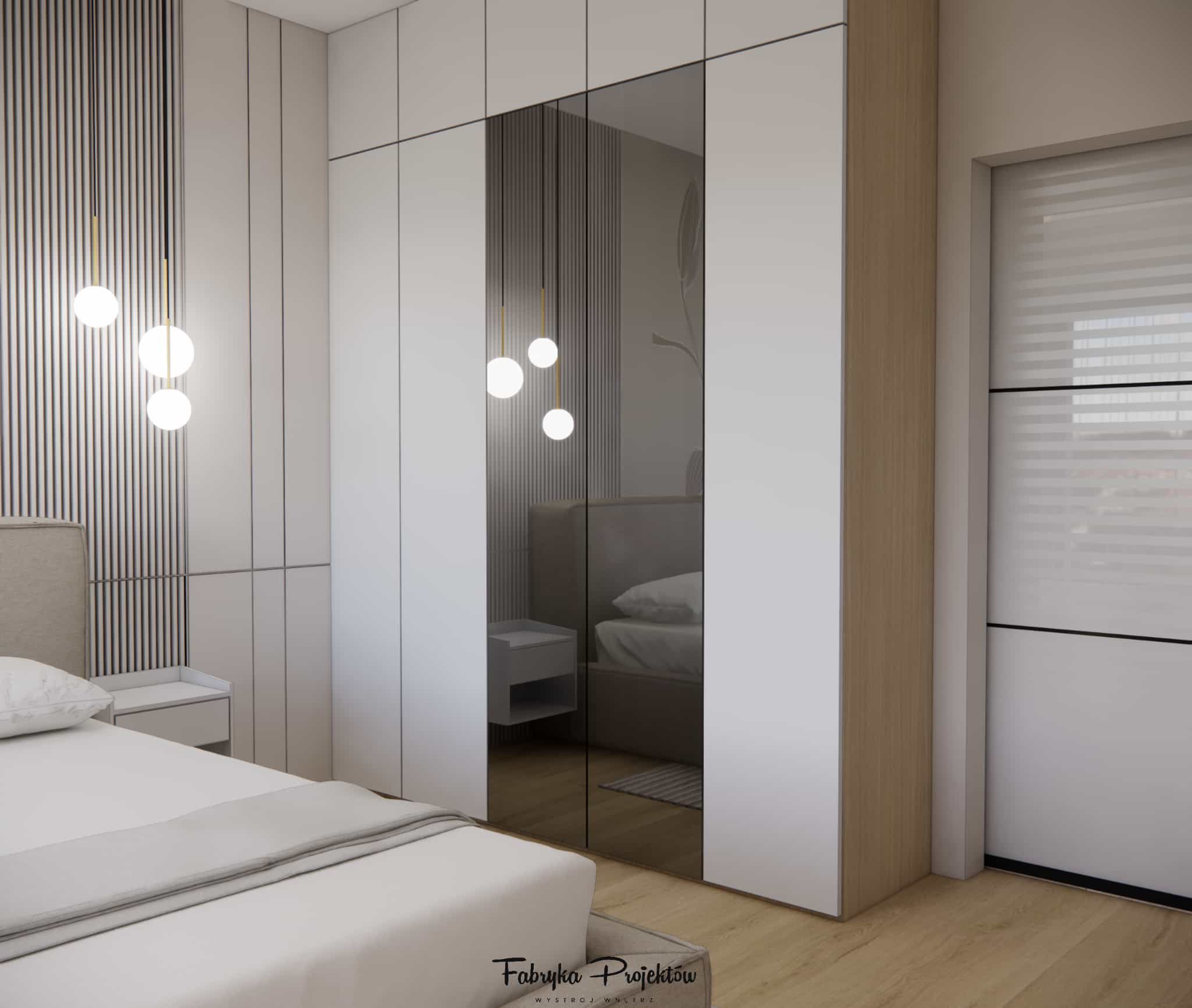 12 m2 apartment bedroom with a symmetrical bed arrangement, pendant lights, and bright built-in wall units.