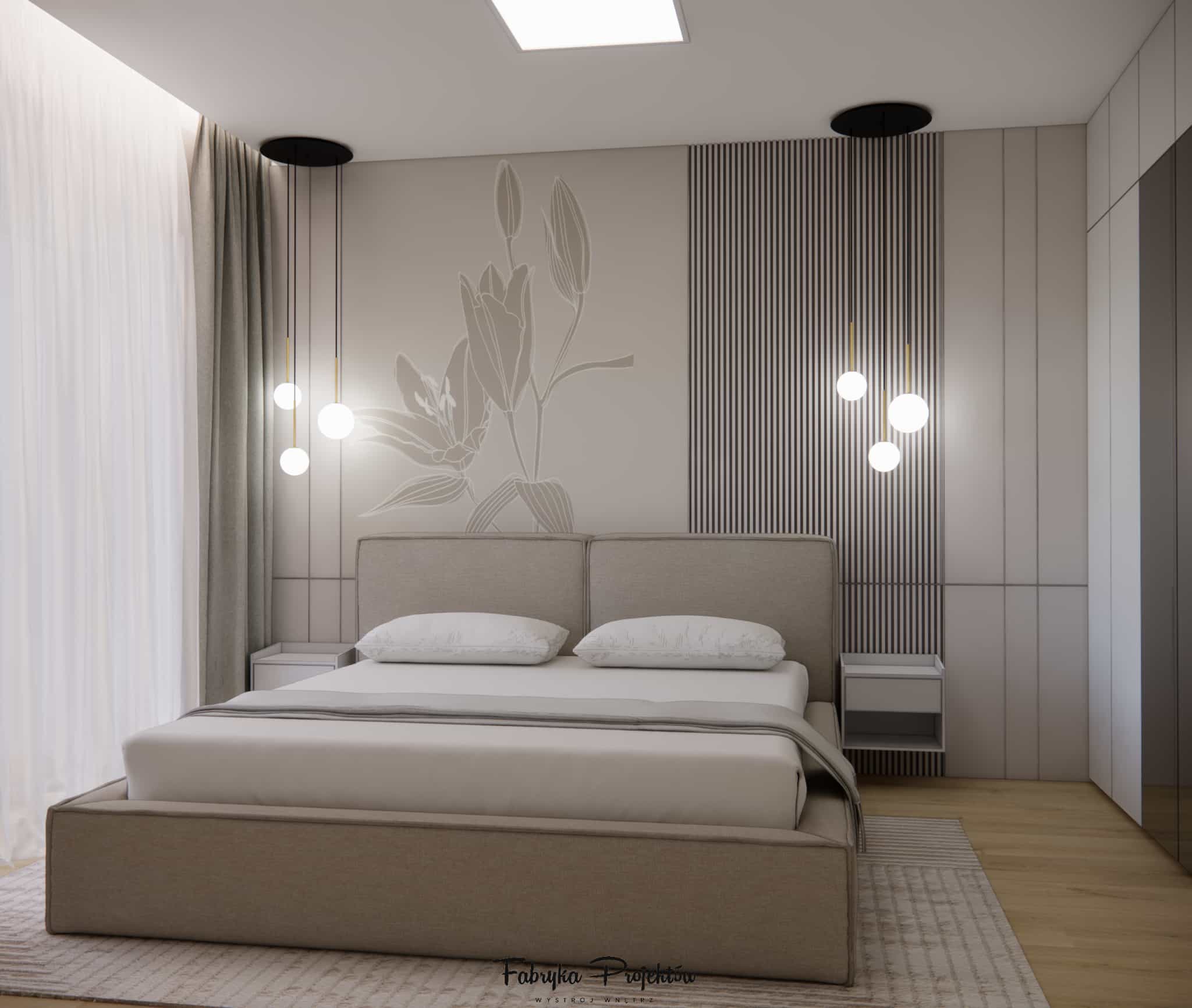 Bright 12 m2 bedroom in an apartment block with a large window, sheer curtains, and decorative pendant lights next to the bed.