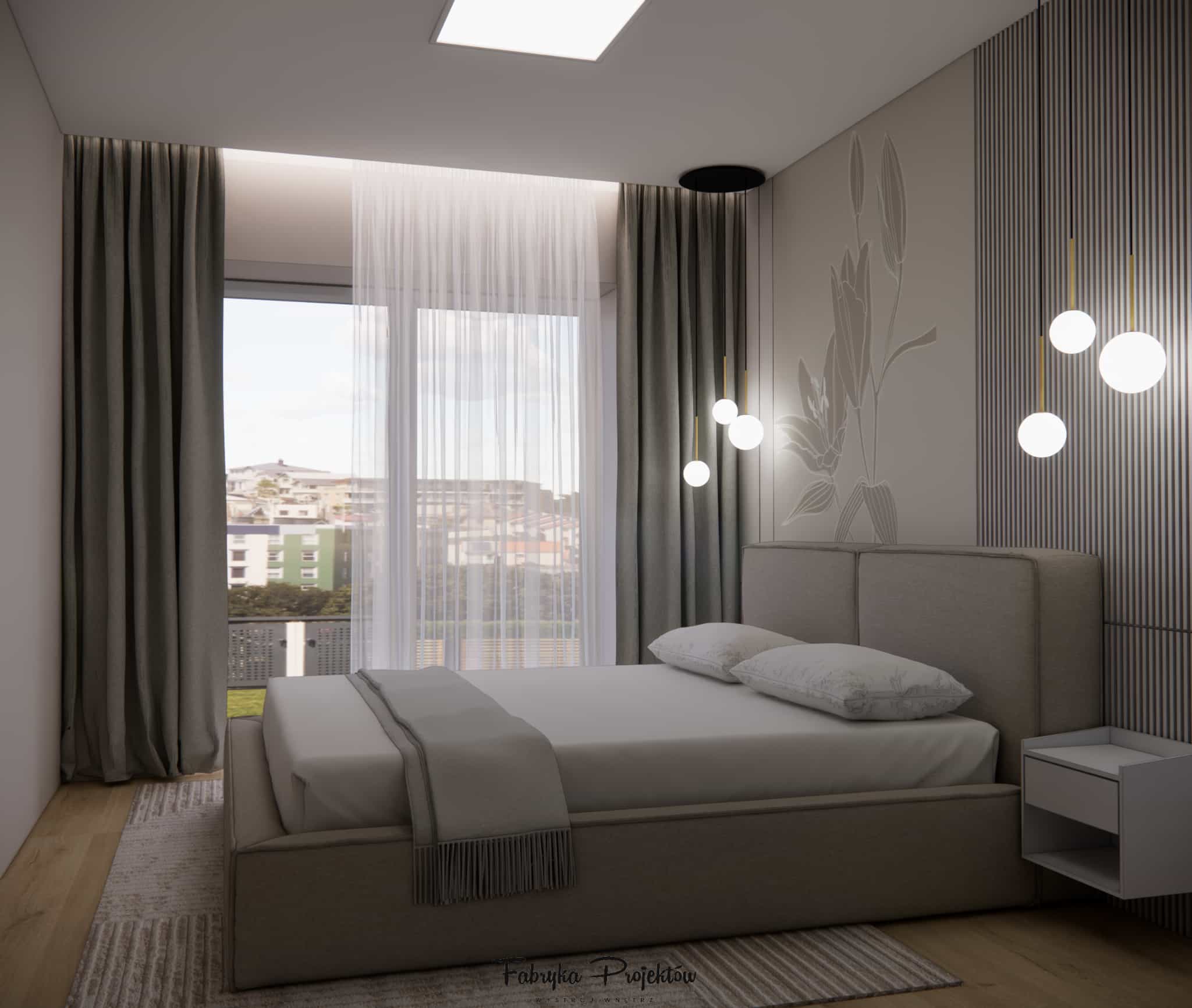 Built-in wardrobe with mirrored fronts in a 12 m2 apartment bedroom, combined with light panels and a wooden accent.