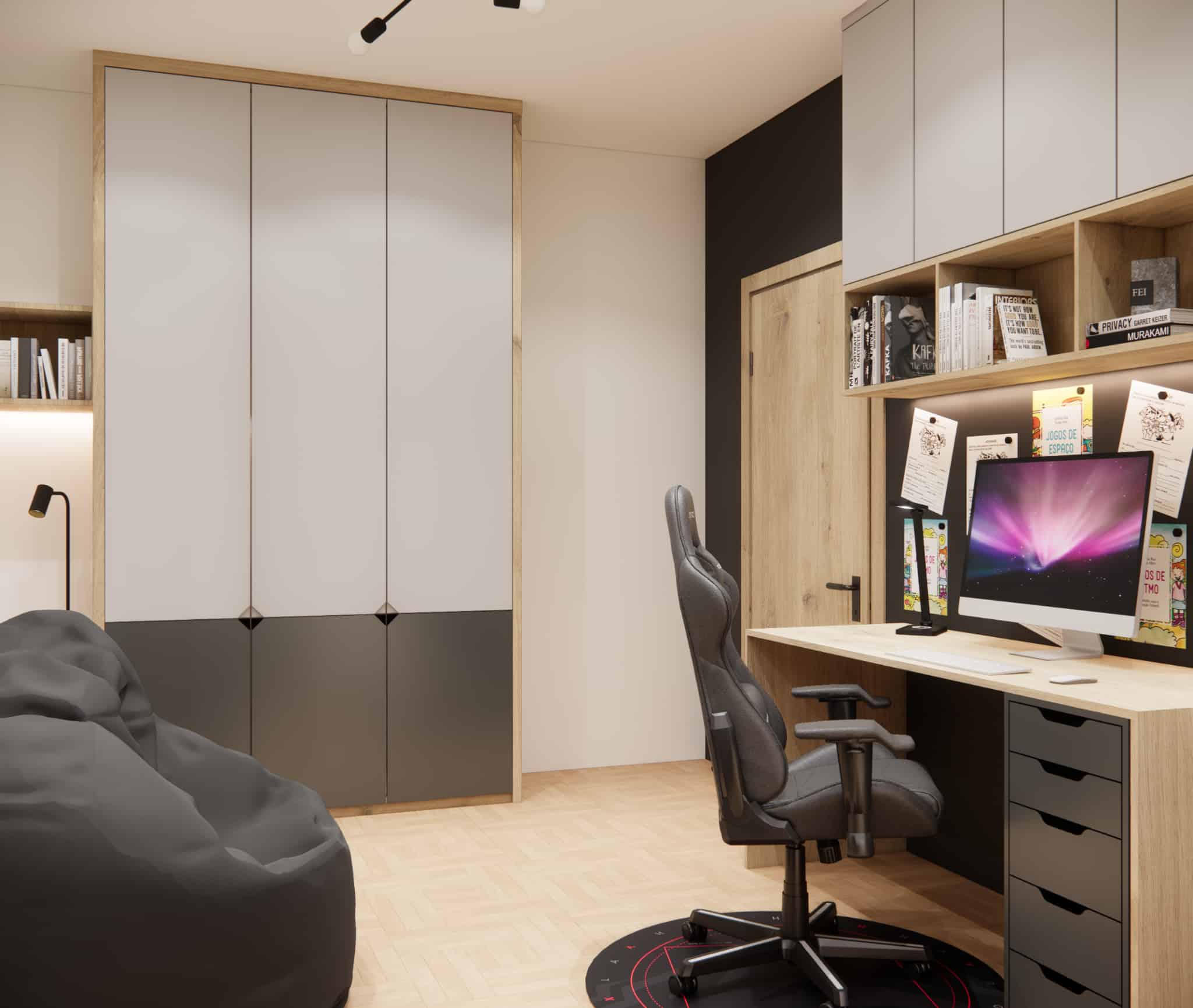 Built-in wardrobe and desk with a gaming chair seen from the entrance to a shared boys’ bedroom