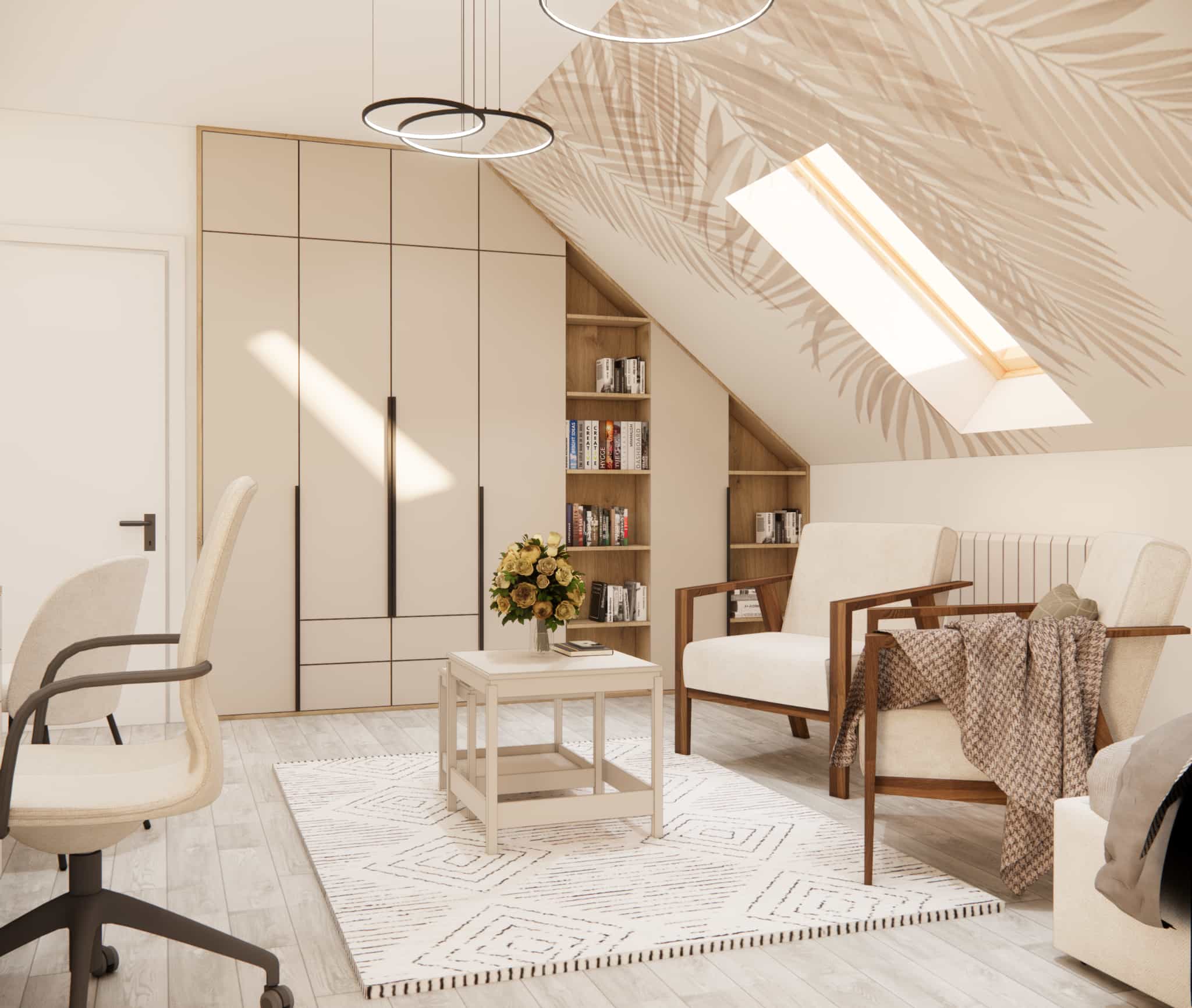 Custom-built wardrobe under sloped ceilings and bookshelf in an attic bedroom for a 12-year-old girl