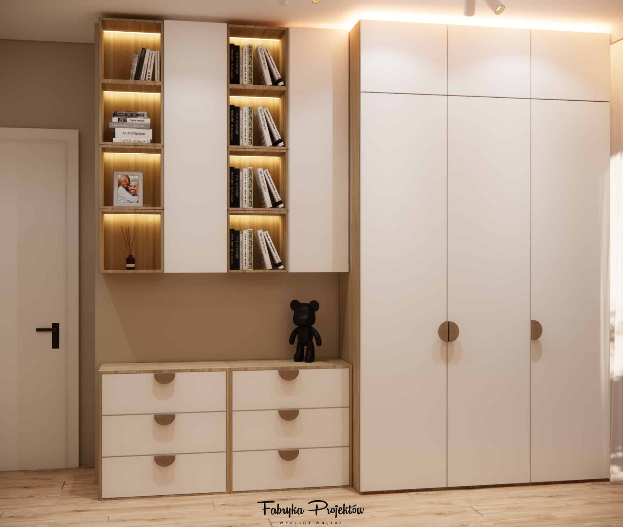 Custom-built storage with a wardrobe and illuminated shelves in a small sibling room