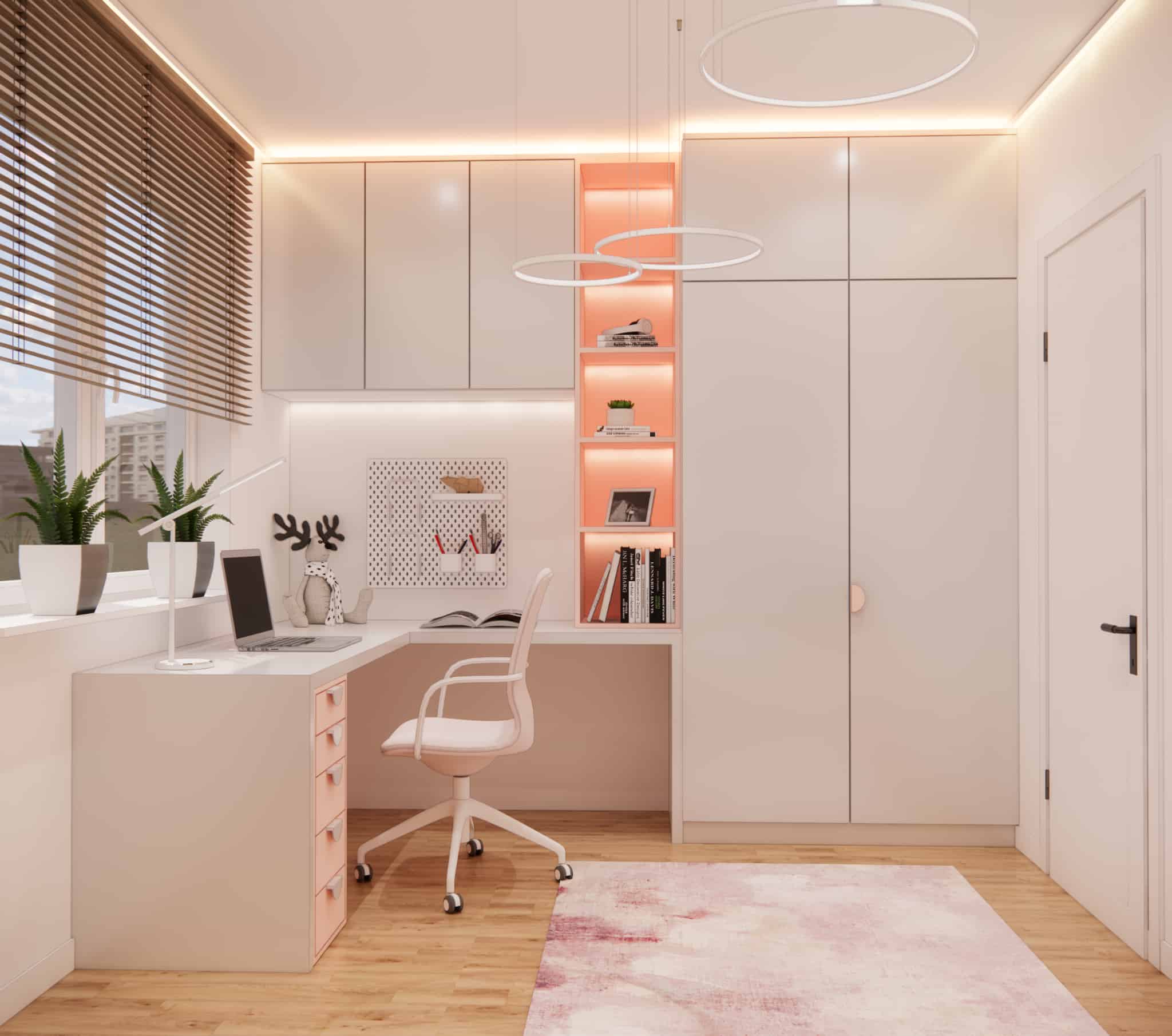 Built-in furniture with desk, wardrobe, and LED-lit shelves in pastel colors in a girl’s bedroom.