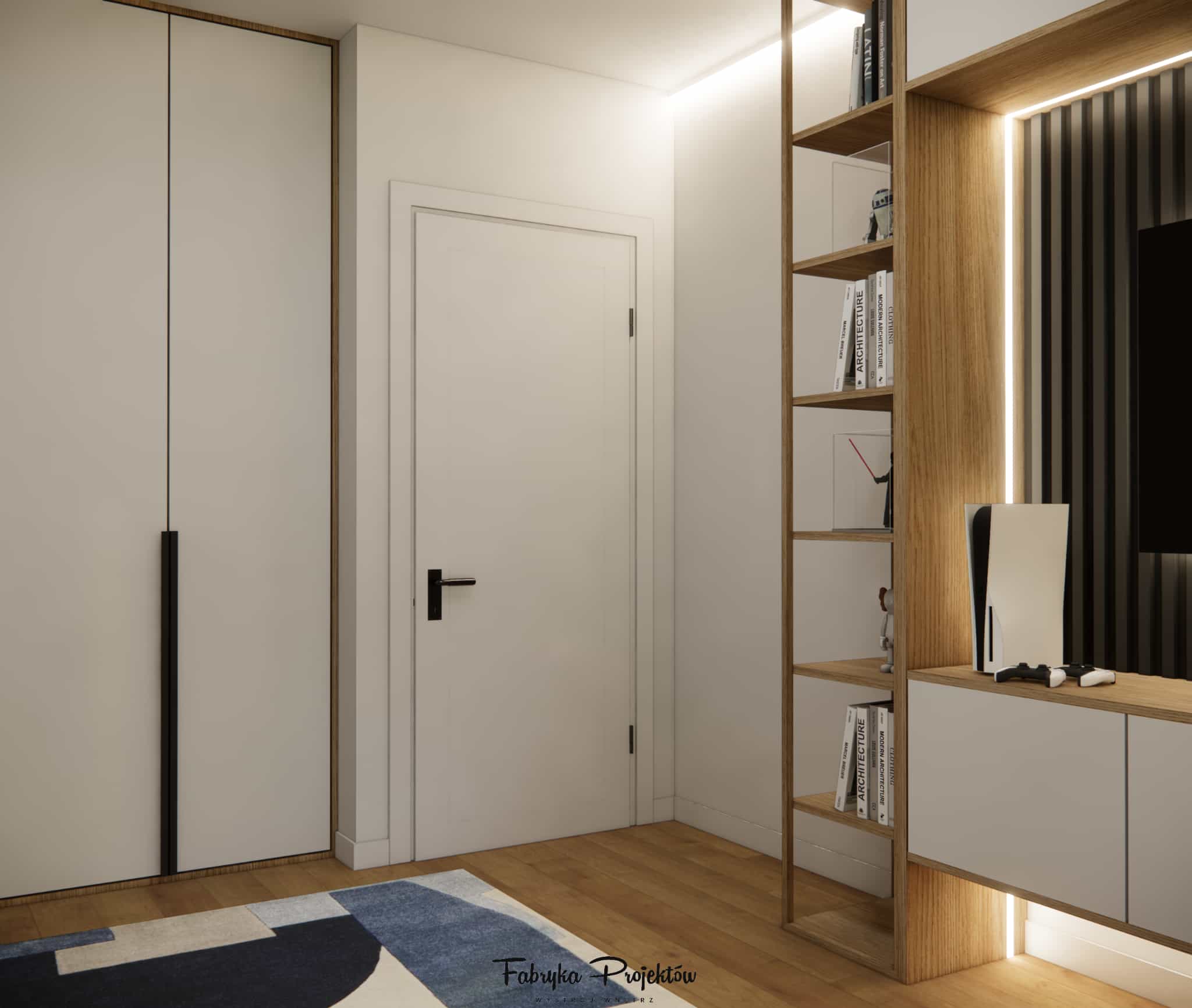 Entrance to an 11-year-old boy’s room with custom-built wardrobe and book shelving