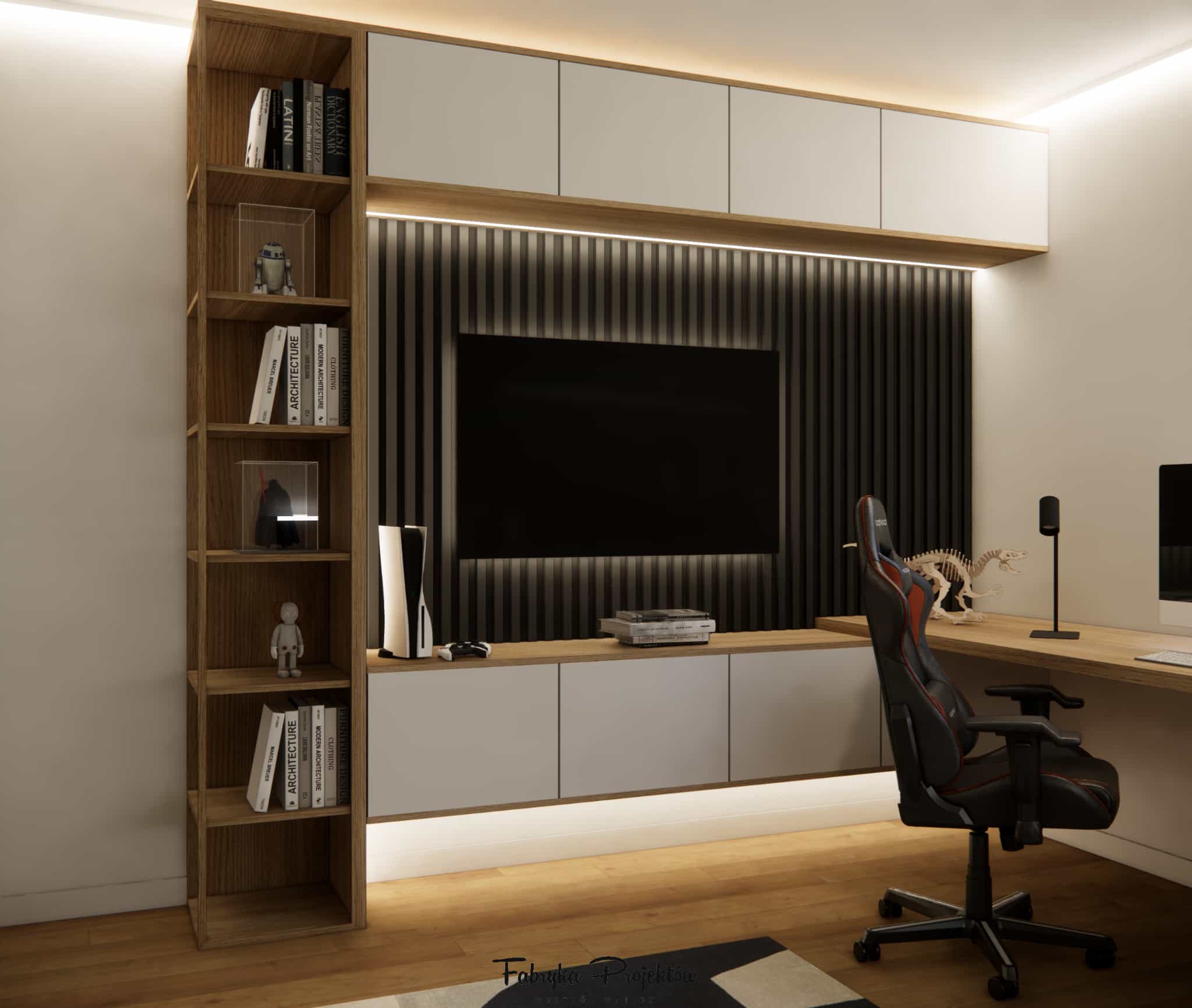 Modern TV wall unit with slats, shelves, and LED lighting in an 11-year-old boy’s room