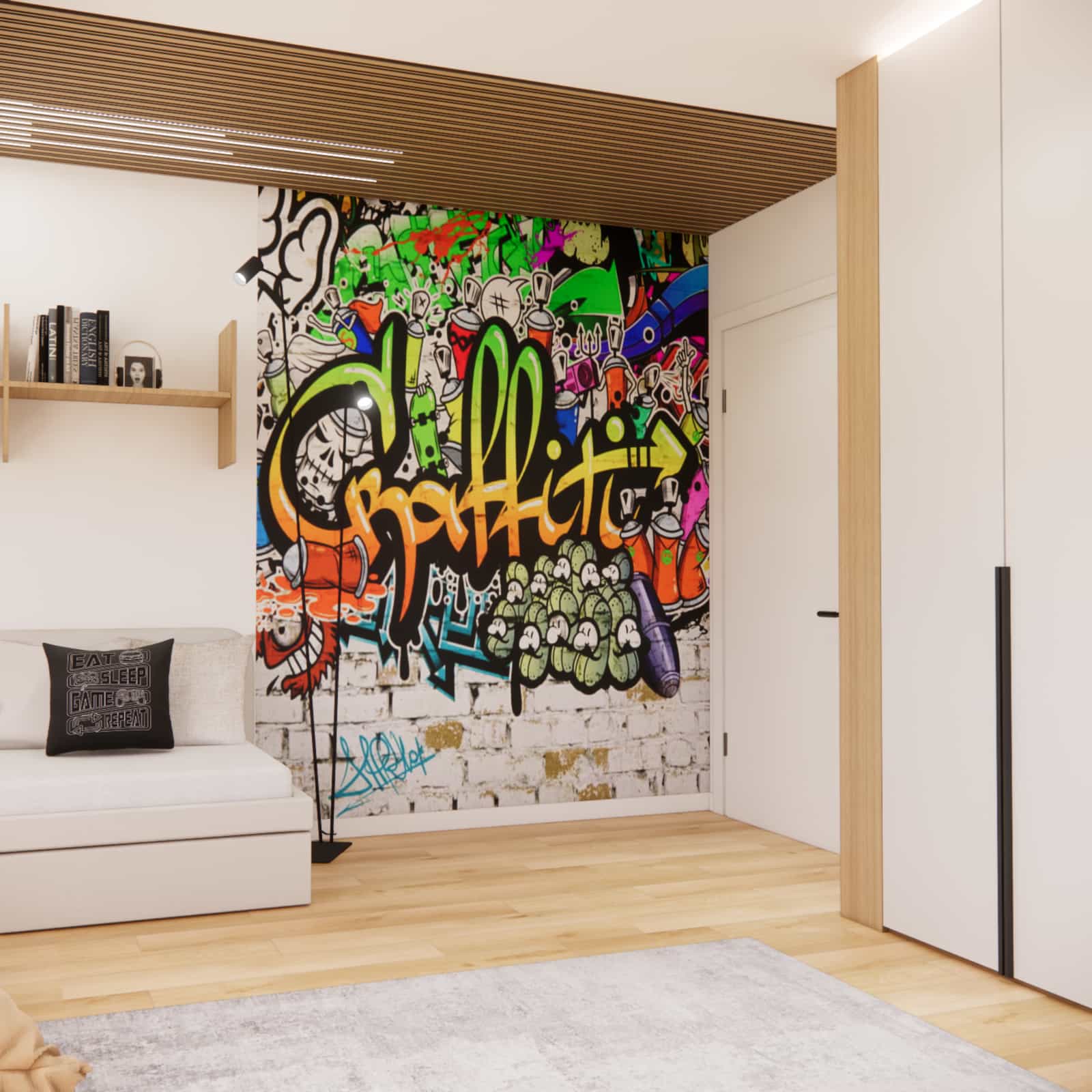 pokój dla chłopca z motywem street art kolorowa ściana graffiti
