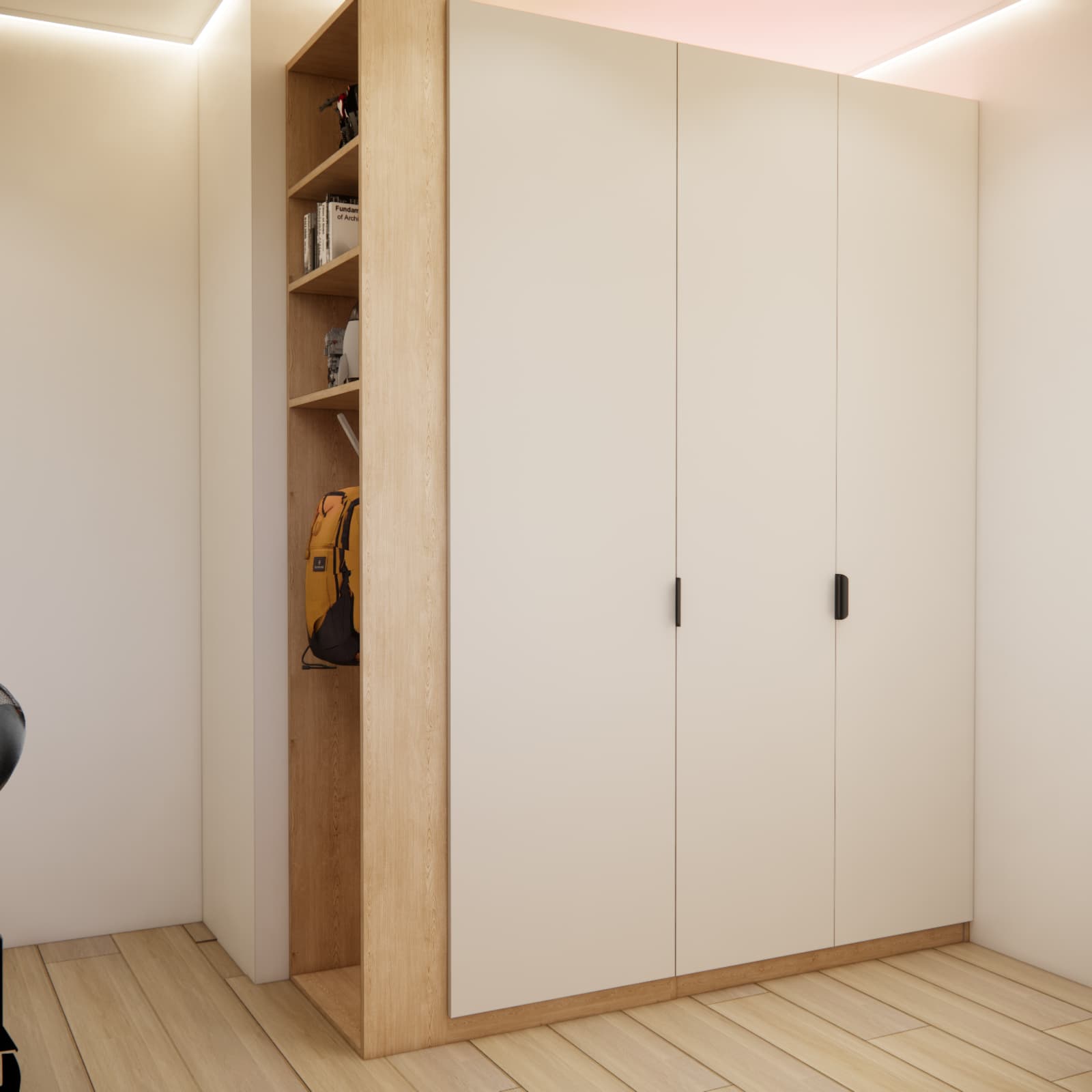 bright room for a boy with wooden built-in furniture and a large wardrobe