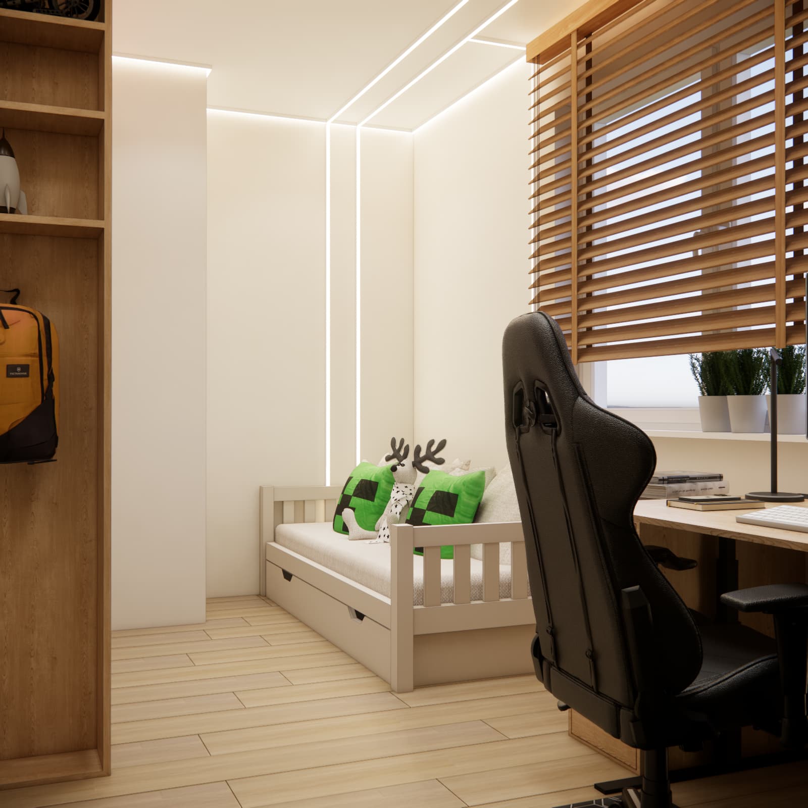 modern room for a 7-year-old boy 11m2 with a desk and bed