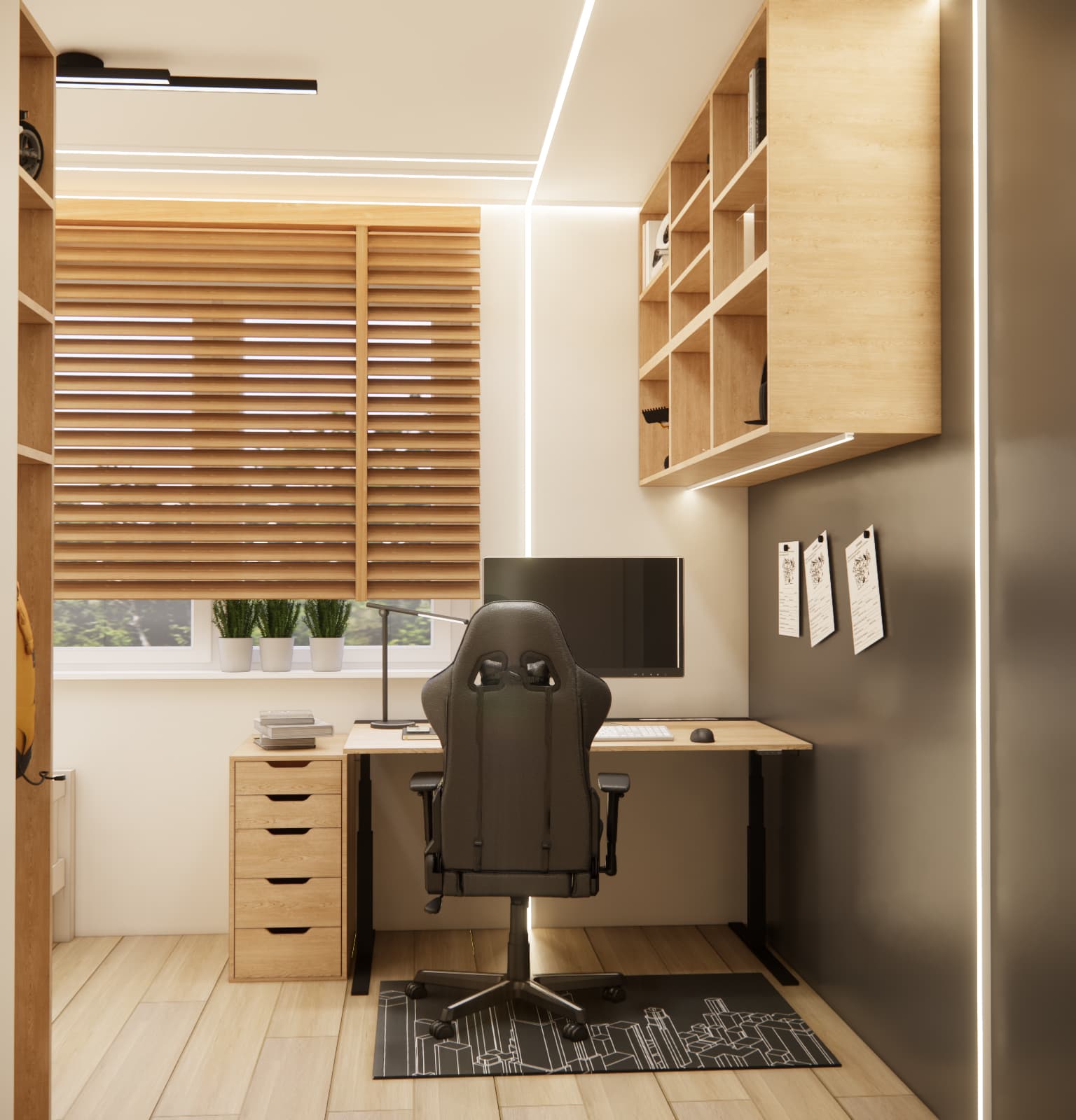 child’s room with a desk under the window and LED lighting