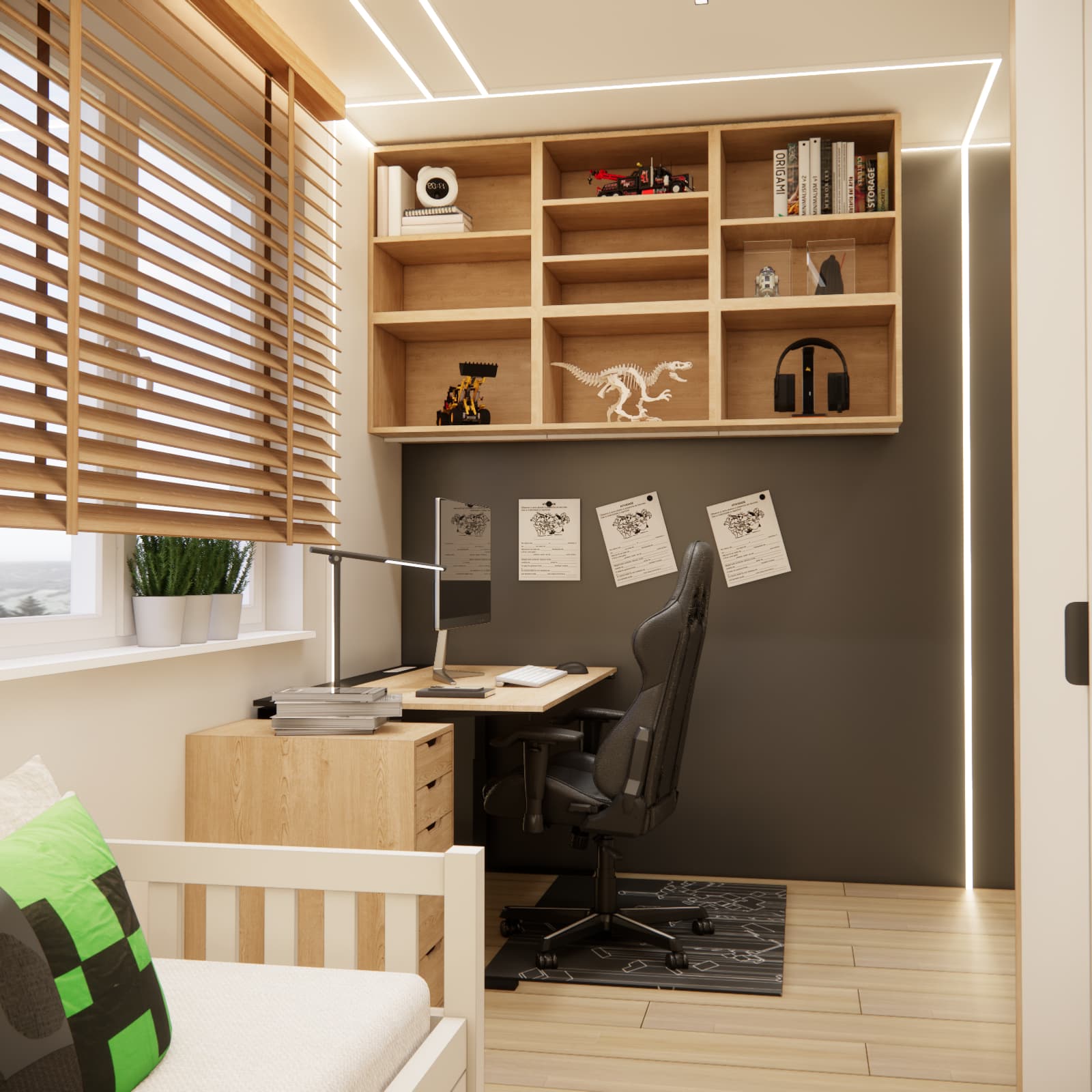 gaming room for a child with a modern desk and black wall