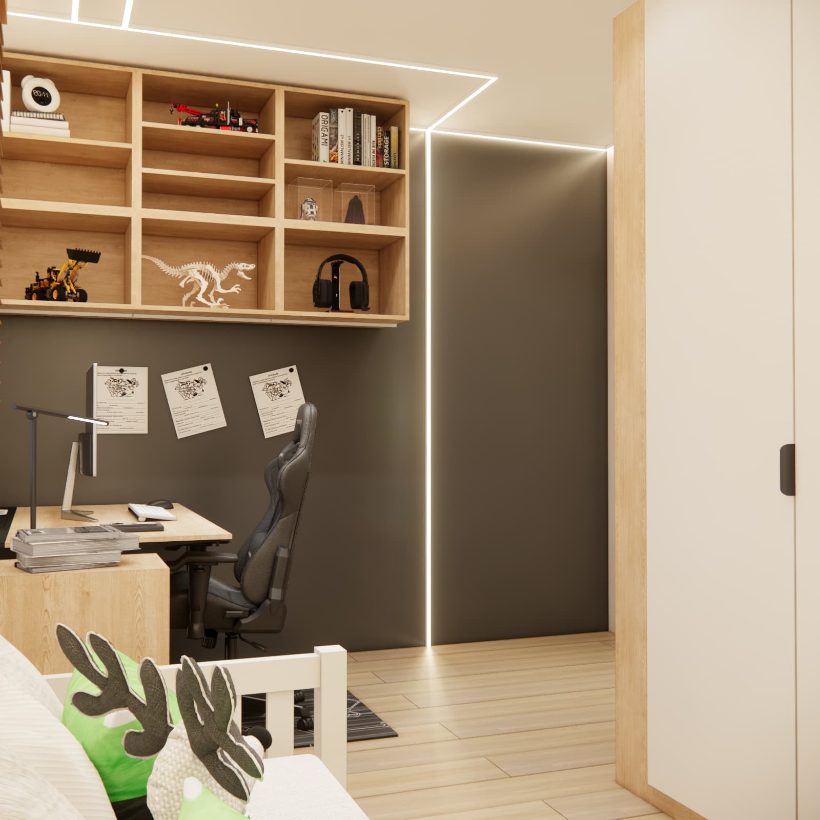 cozy room for a boy in beige tones and wood