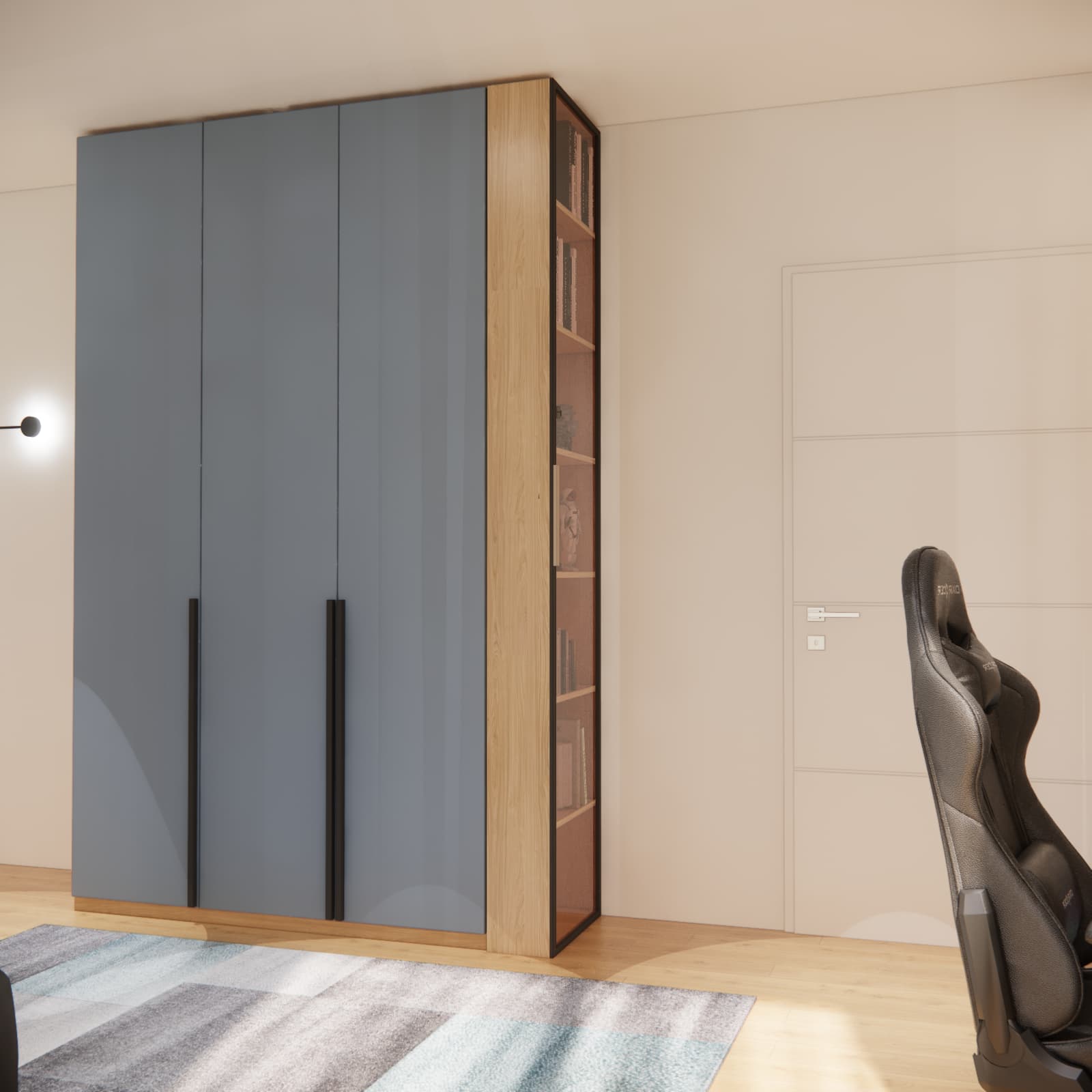 Tall blue wardrobe with black handles and a glazed side shelving unit in a wood-effect finish