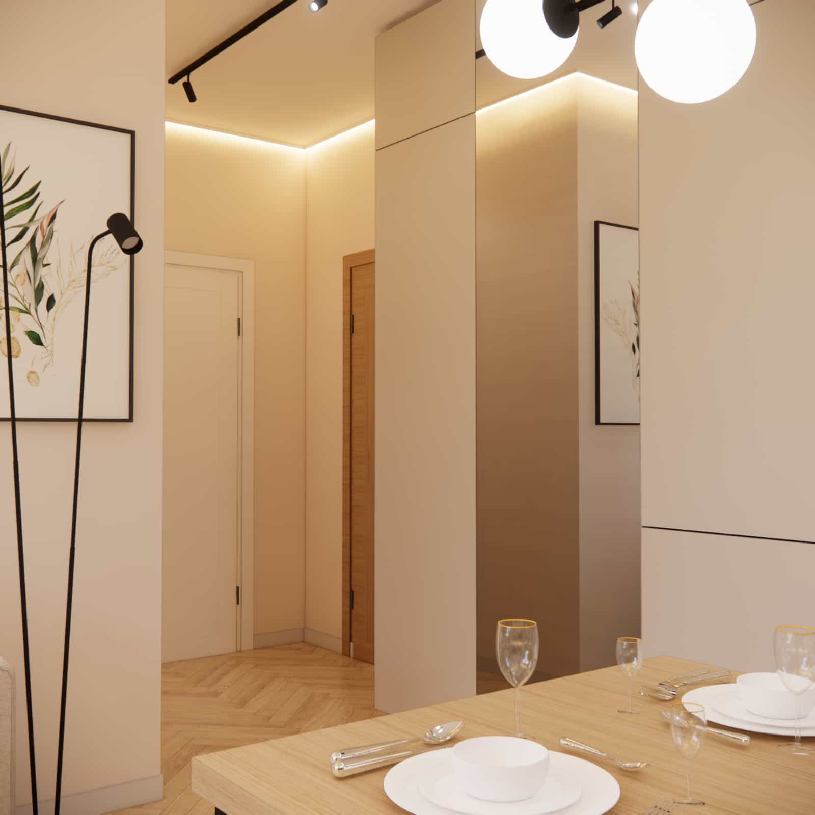 Interior details: mirror, artwork, modern lighting, and circulation zone