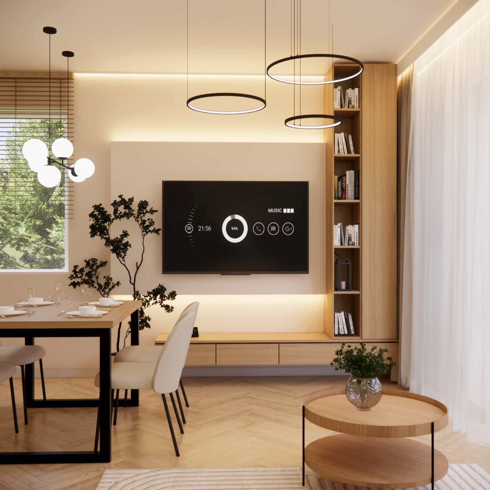 Backlit TV unit in a 17 m² living room – modern lighting and color scheme