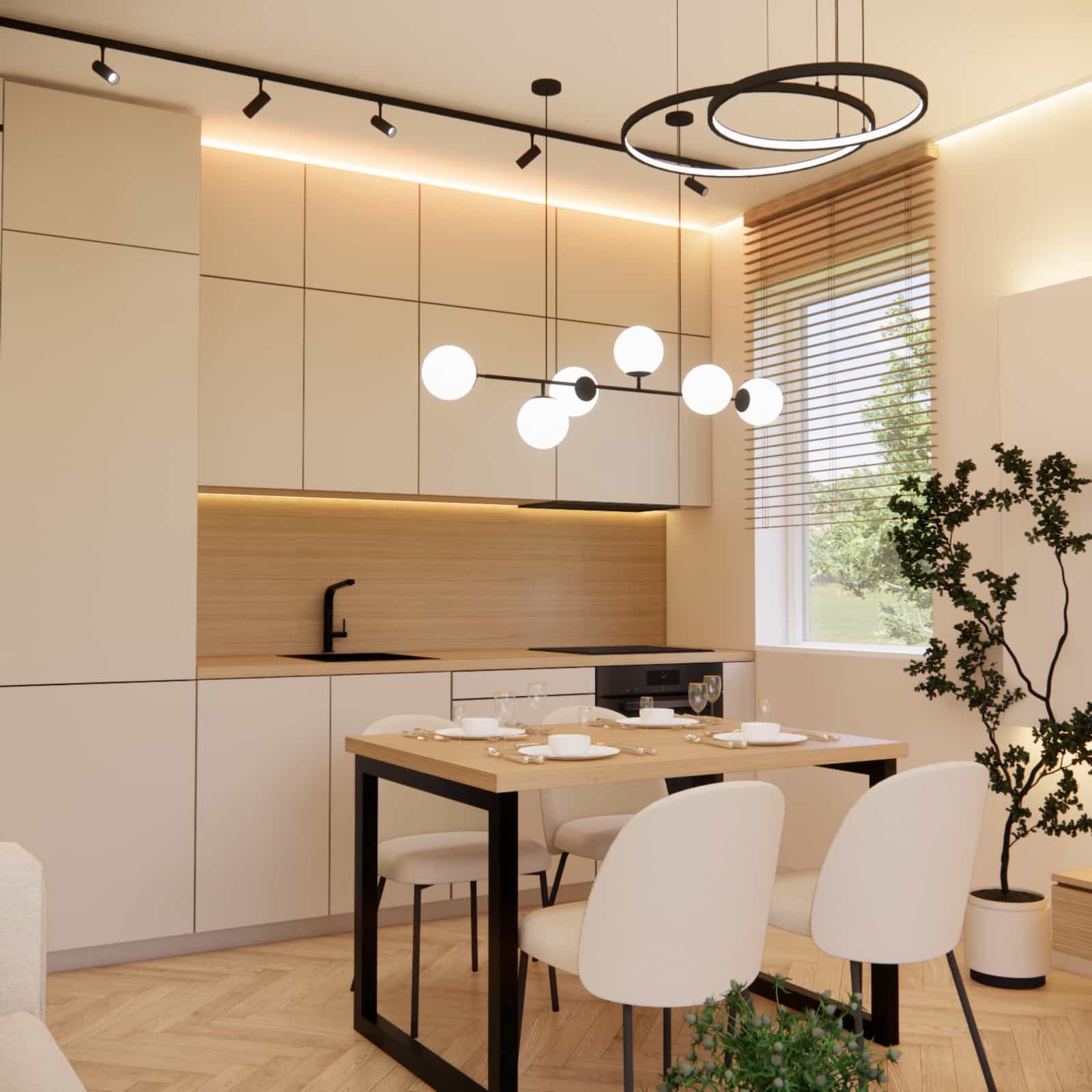 Dining area and kitchenette zone in a small 17 m² living room