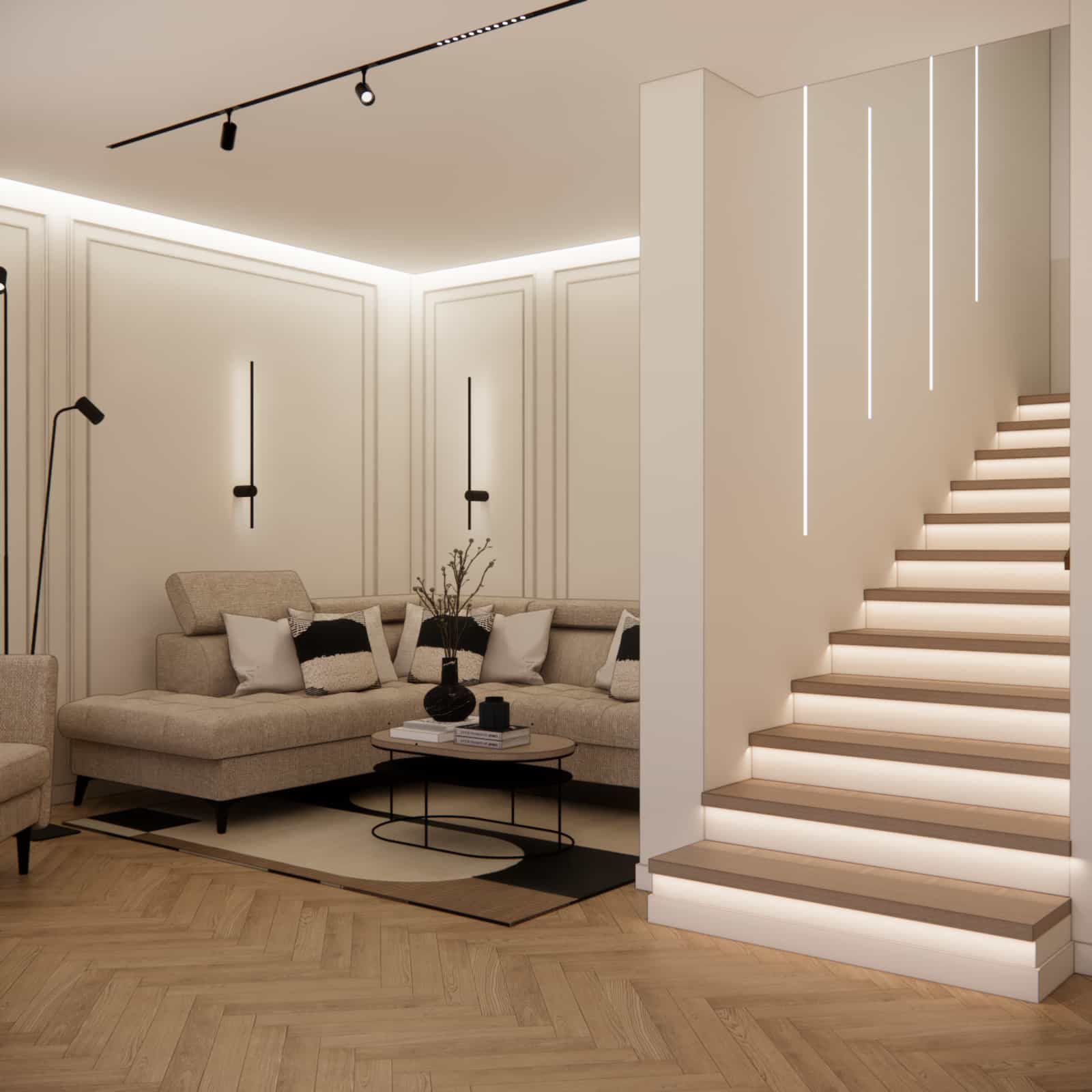 salon z kuchnią i jadalnią 45m2 nowoczesna elegancja beżowa sofa sztukateria schody z podświetleniem LED