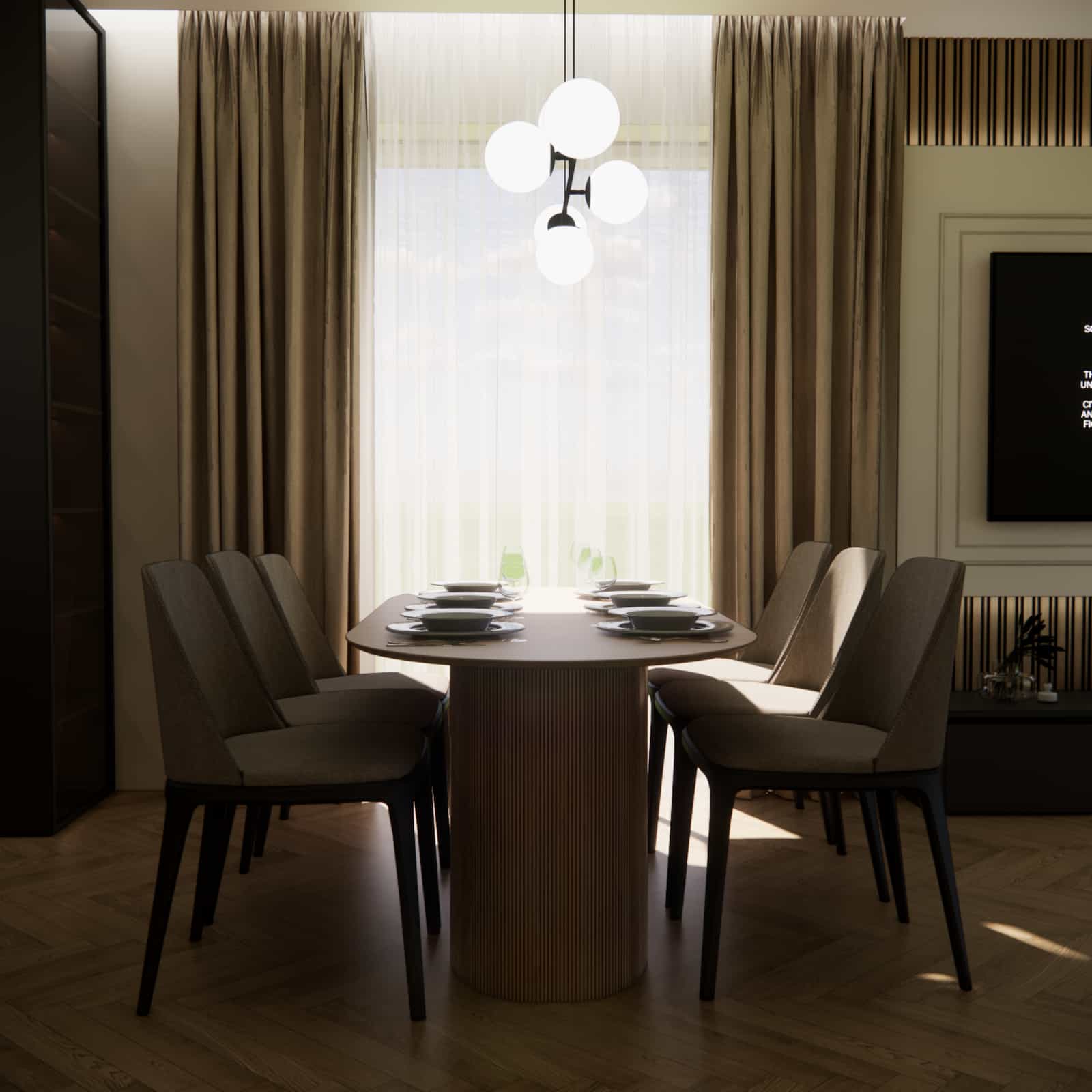 stół jadalniany w salonie z kuchnią 45m2 naturalne światło zasłony beżowe elegancka jadalnia