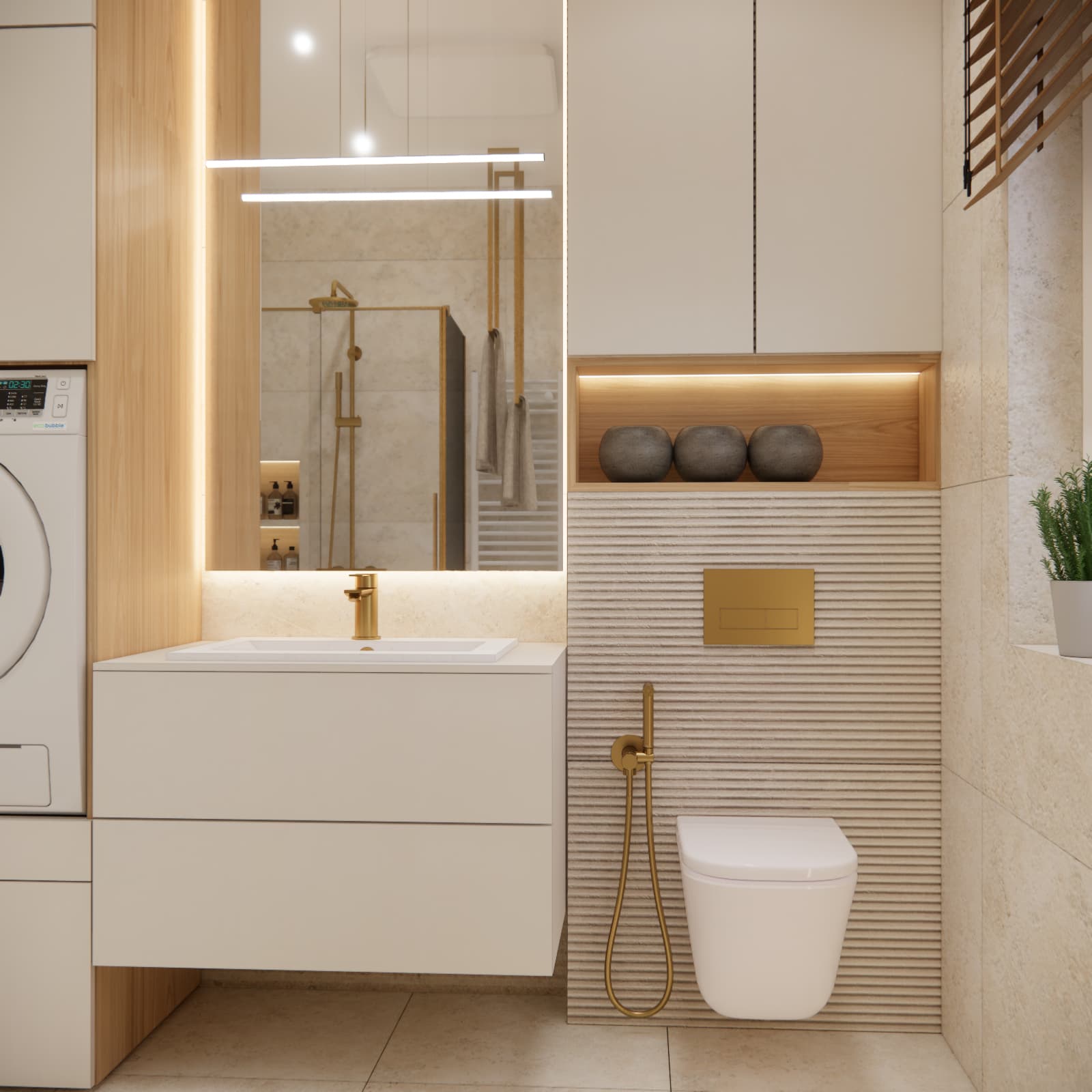 Elegancka łazienka 7m2 w beżach ze złotą armaturą i ryflowaną ścianą WC