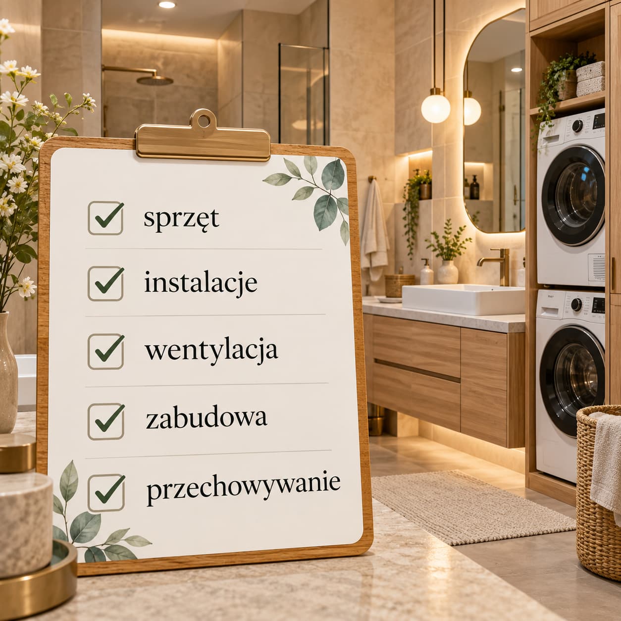 Funkcjonalna strefa pralnicza w łazience – pralka, suszarka, instalacje i zabudowa meblowa