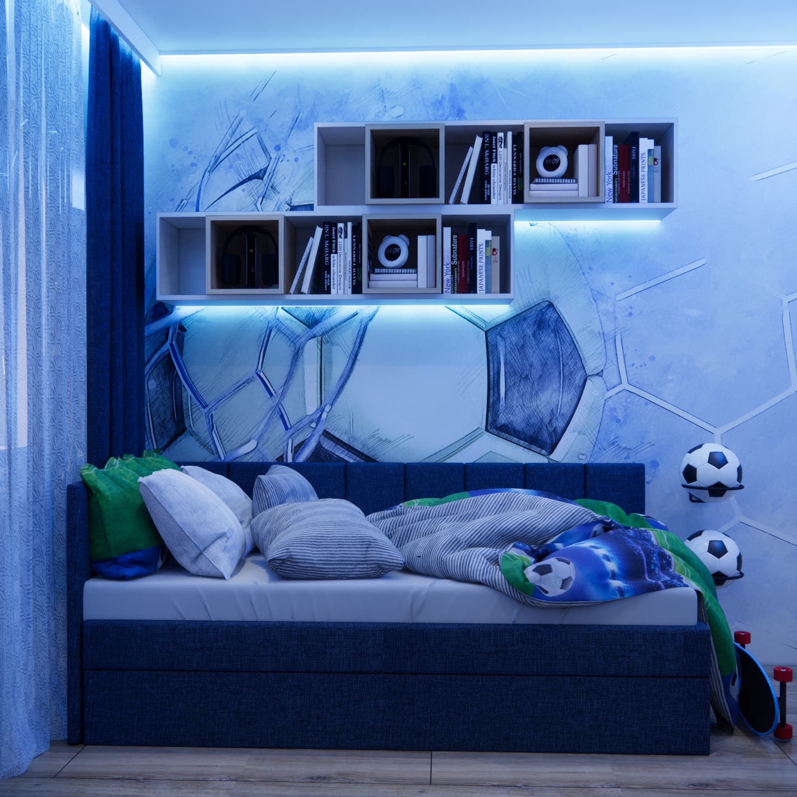 Football-themed wall above the bed and illuminated shelves in a 12 m² boy's room