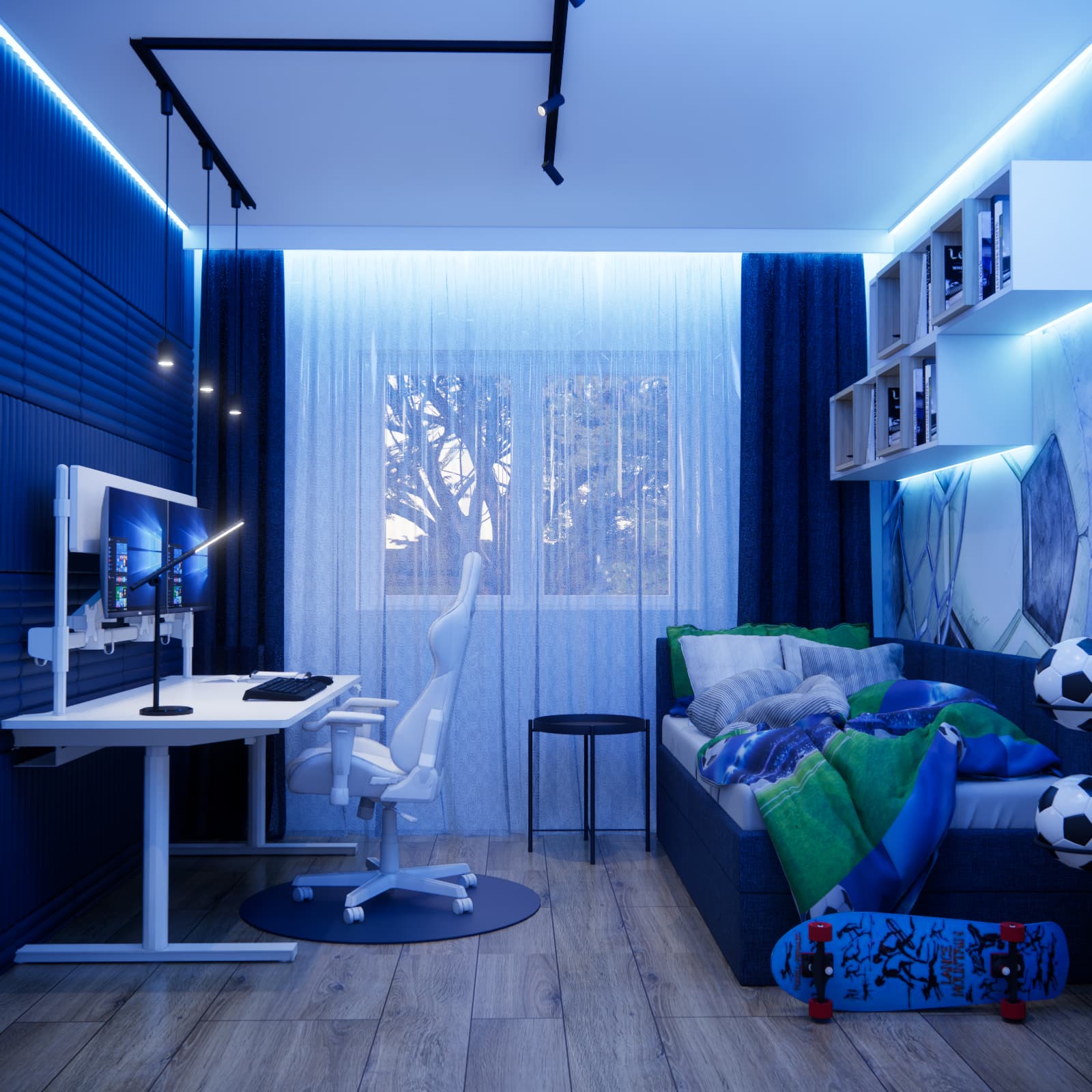 Patryk's 12 m² room in Zielona Góra with a desk, bed and football accents
