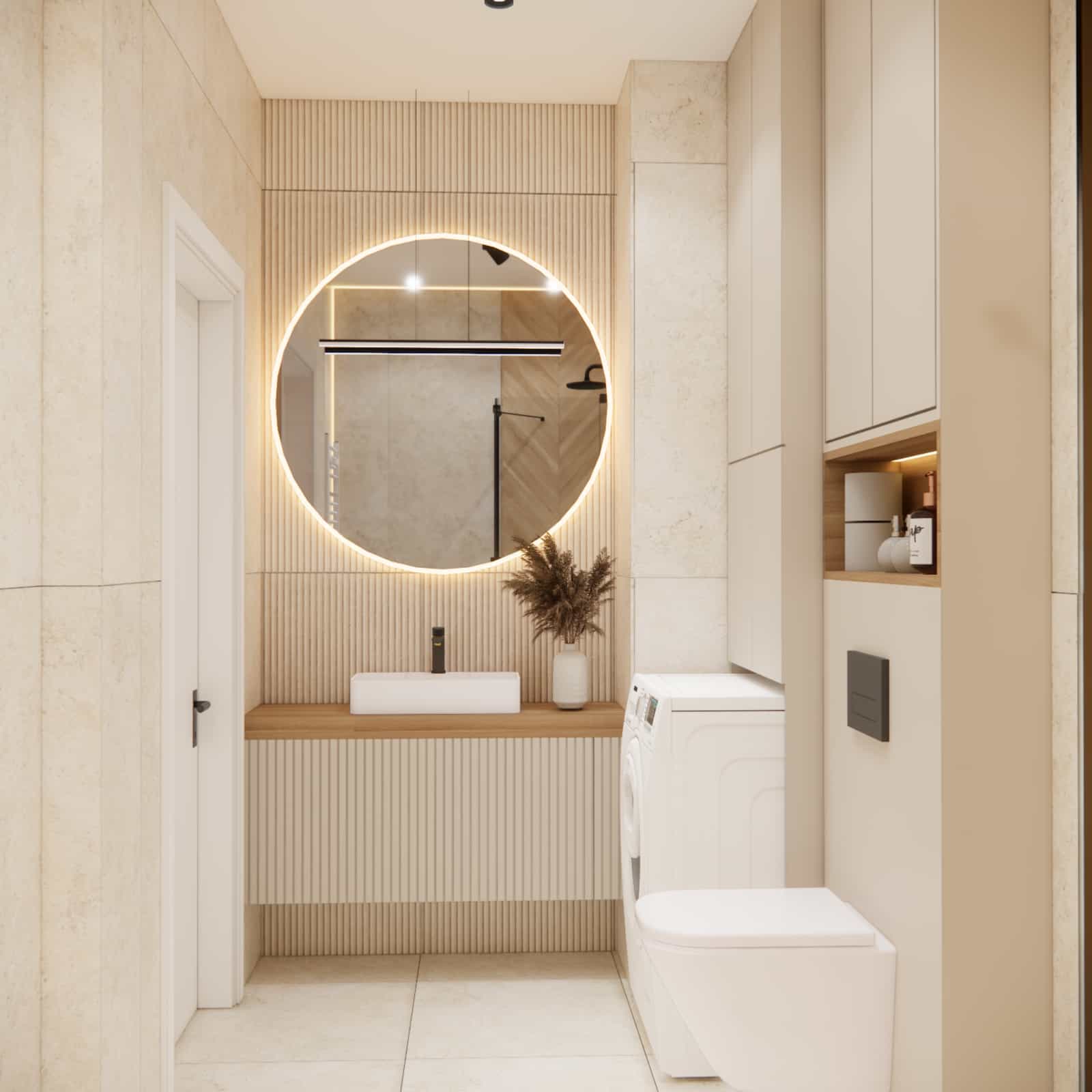 Material details in a 36m2 apartment – wood, light fronts and modern lighting