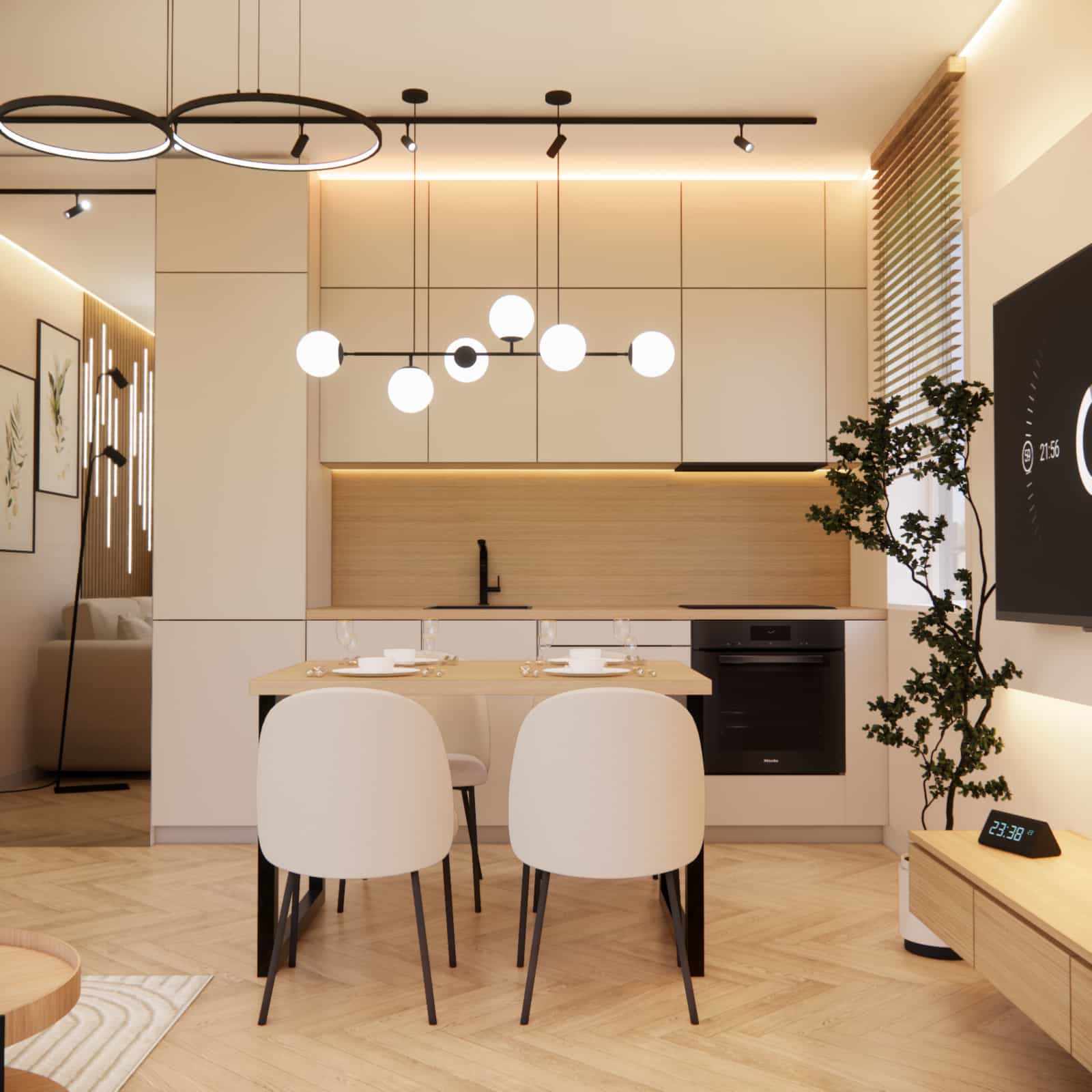 Kitchen in a 36m2 apartment – floor-to-ceiling cabinetry and a functional interior design