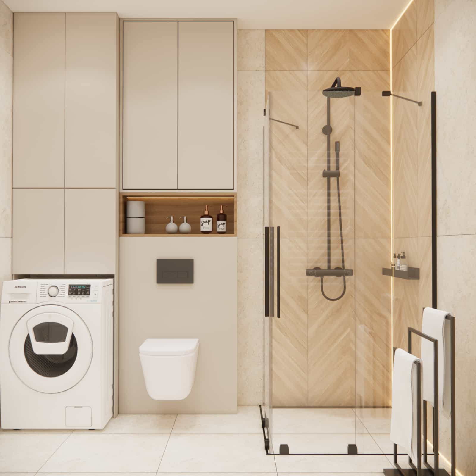 Bathroom in a 36m2 apartment – modern design with a light color palette