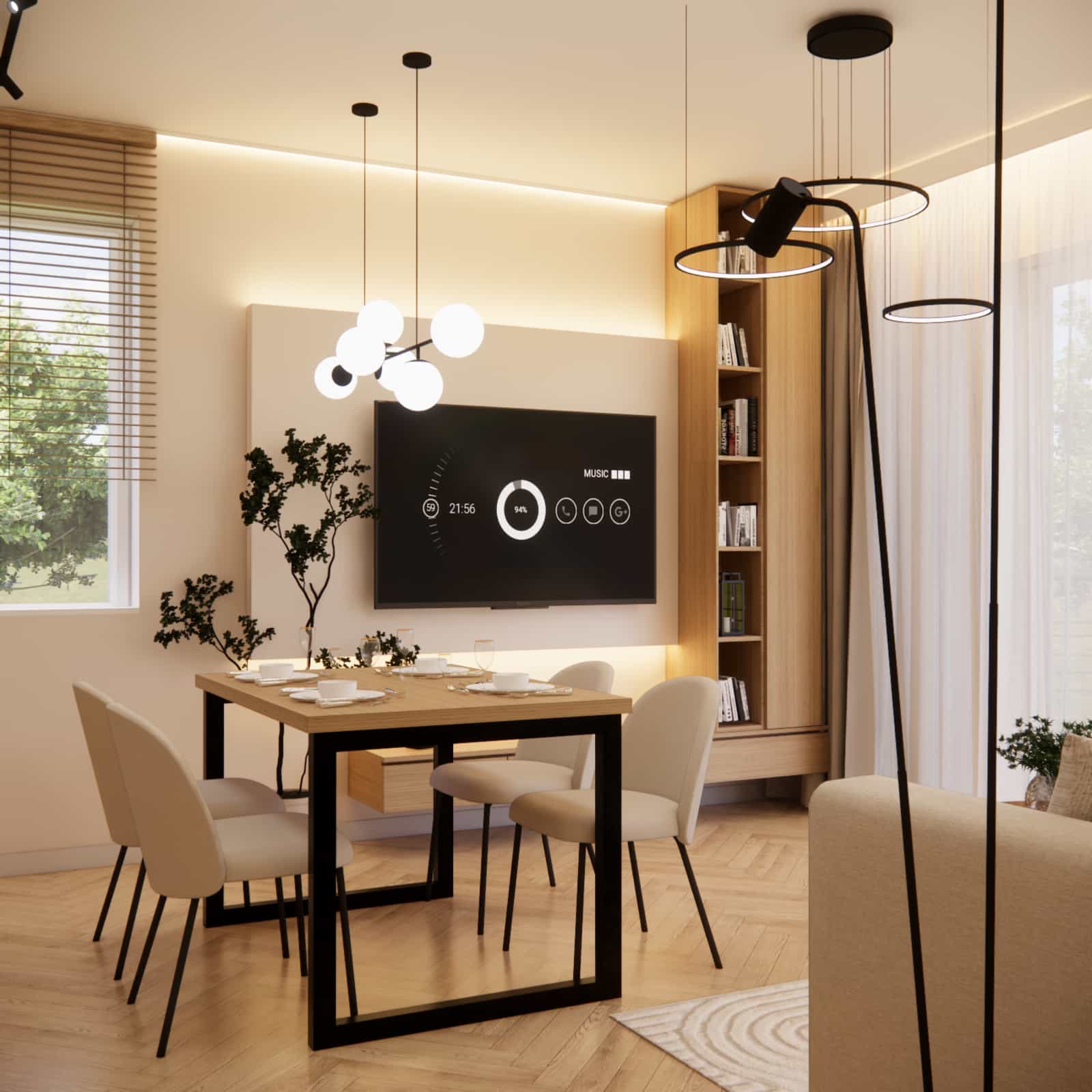 Modern 36m2 apartment – interior design with kitchen, living room and bedroom