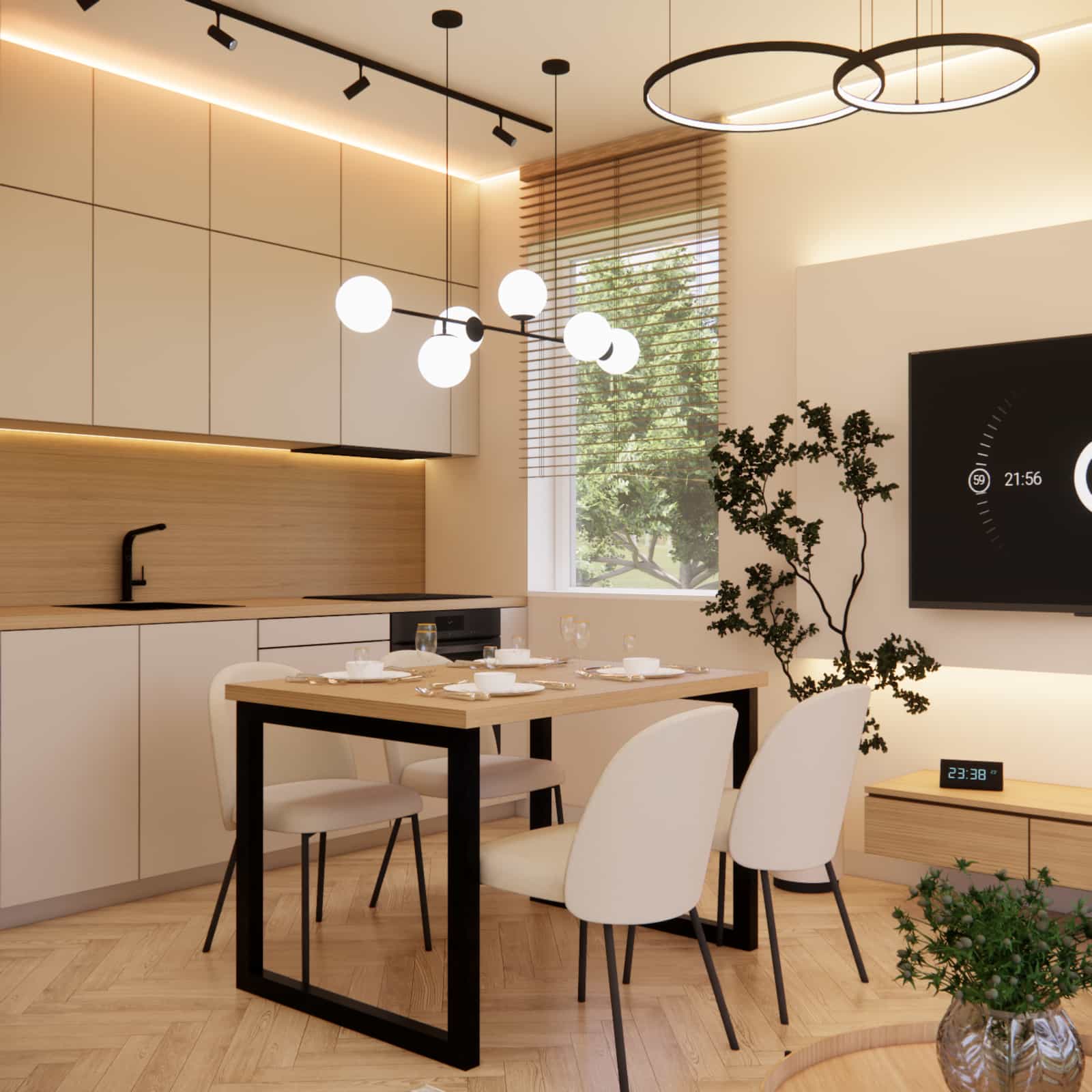 Living room with kitchenette in a 36m2 apartment – modern interior arrangement