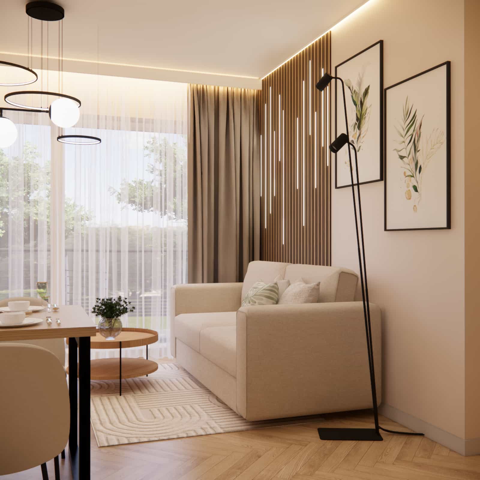 Living area in a modern 36m2 apartment – living room and kitchen in one space